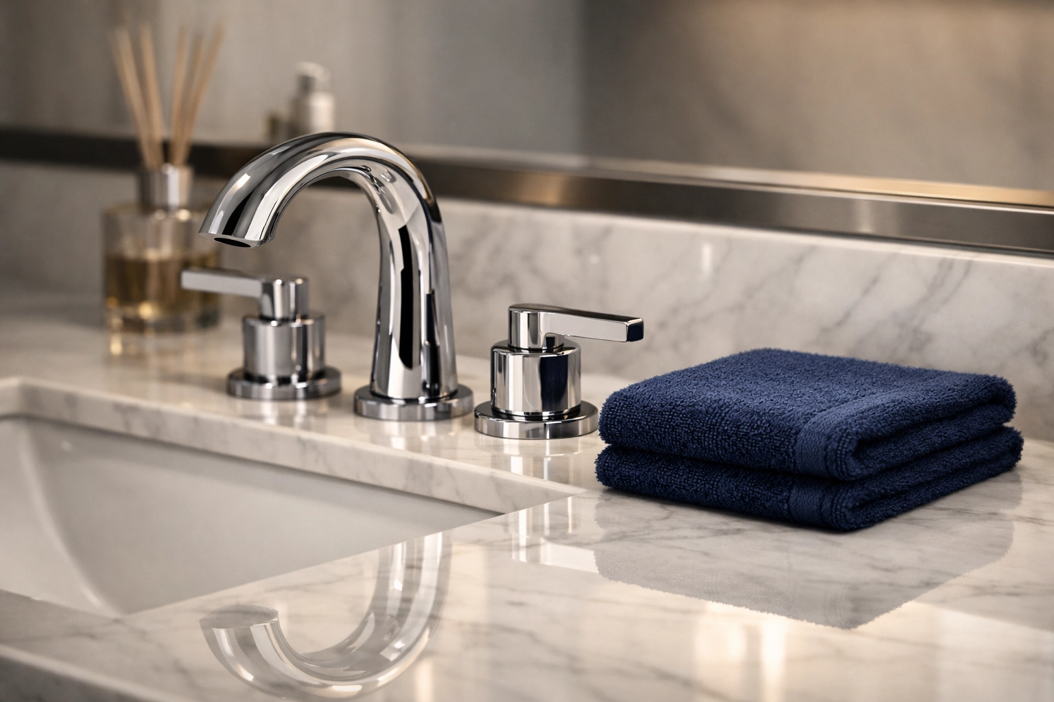 Sparkling clean bathroom vanity and marble countertop maintained by professional cleaners Concord MA.