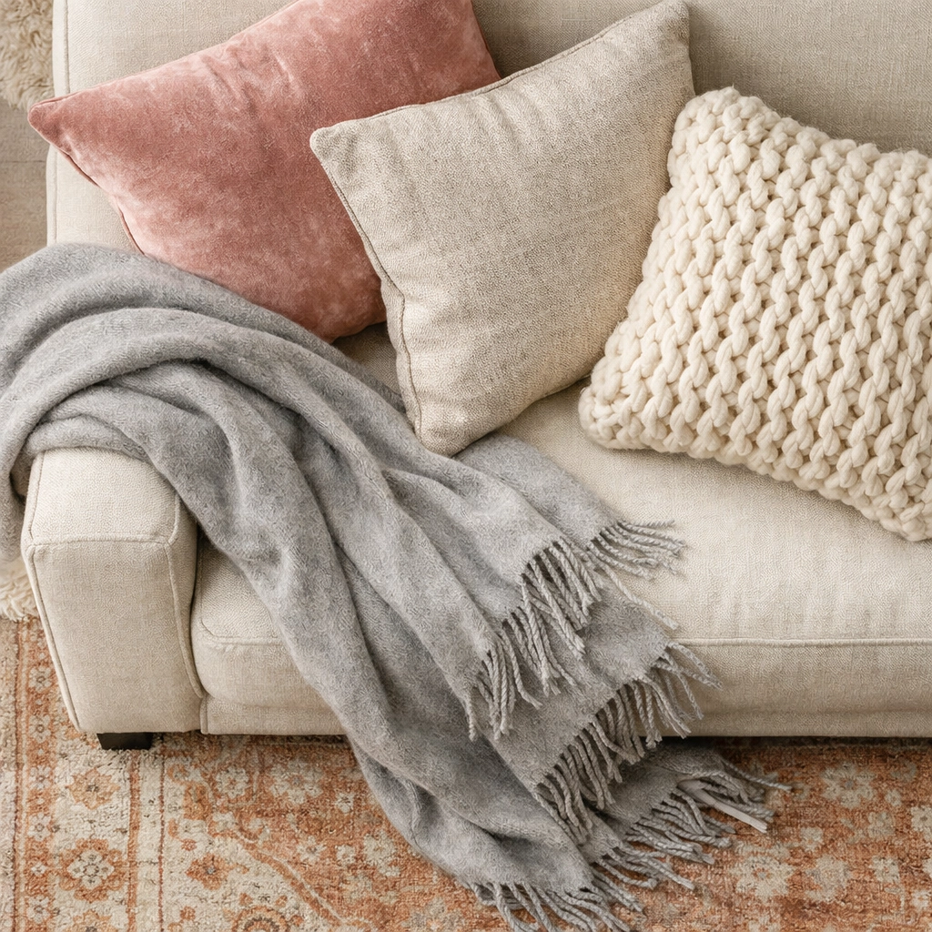 Cozy living room textiles including velvet throw pillows, blanket, and area rug on neutral sofa
