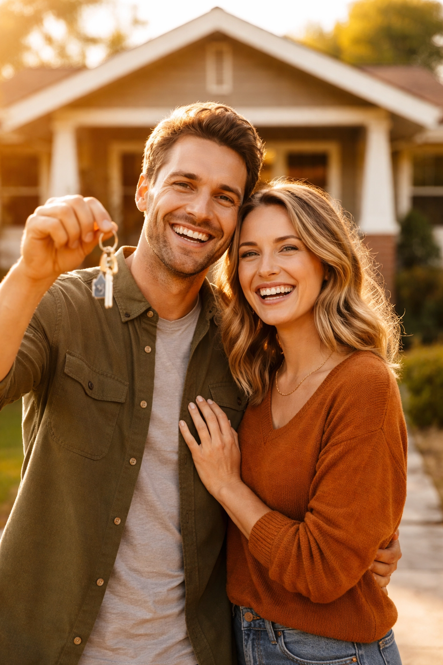 Happy couple with keys in front of their new home, representing financial milestones supported by early life insurance planning