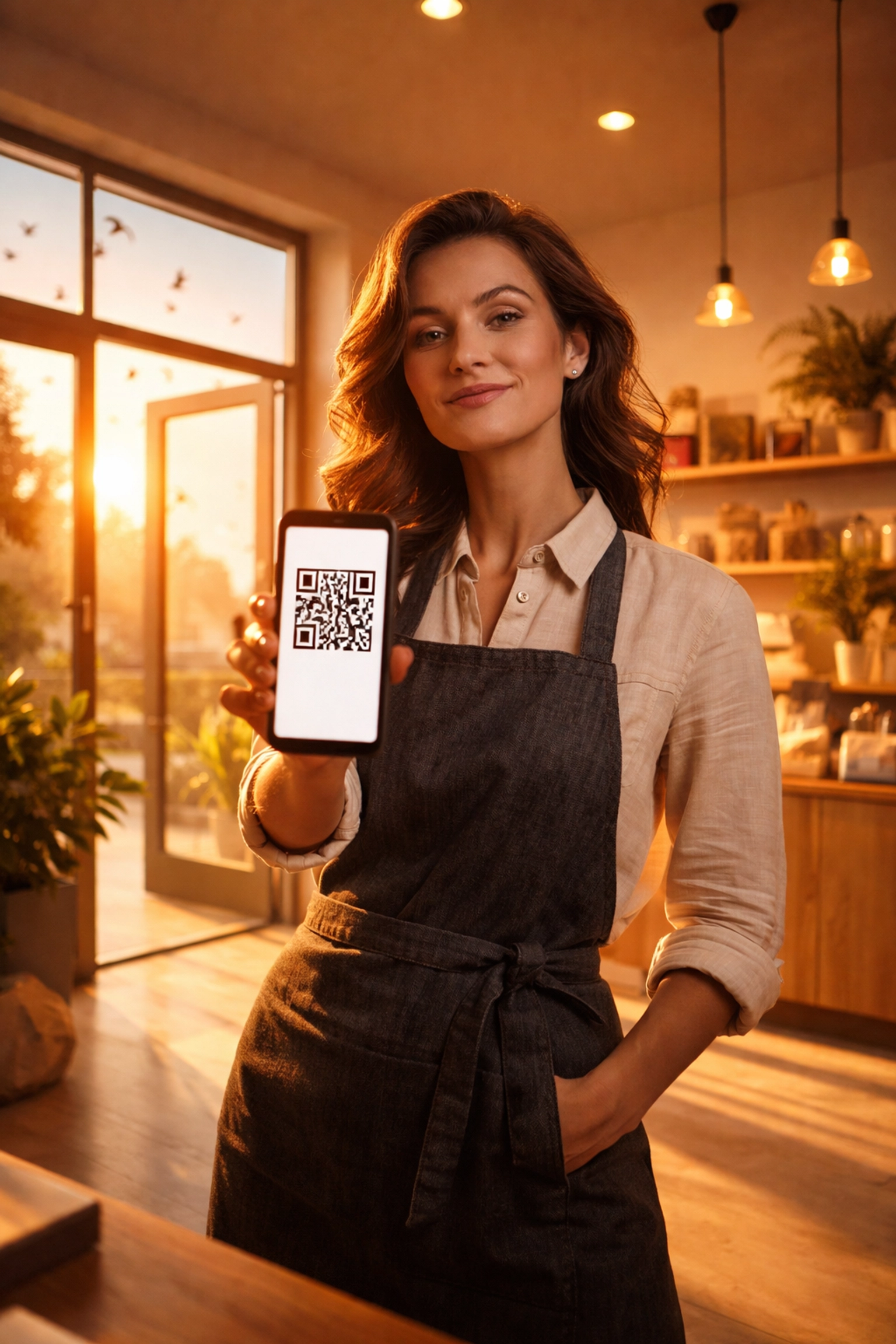 Confident merchant in a modern store holding a QR code, symbolizing bank-free crypto payment freedom
