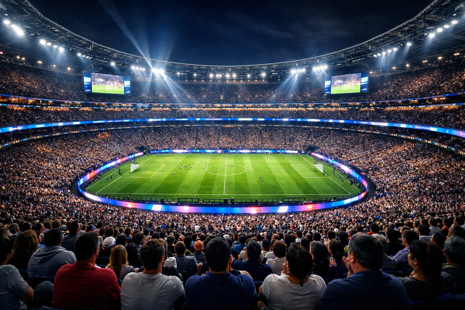 High-energy sports arena at night illustrating Dakdan's global media asset network and brand reach.