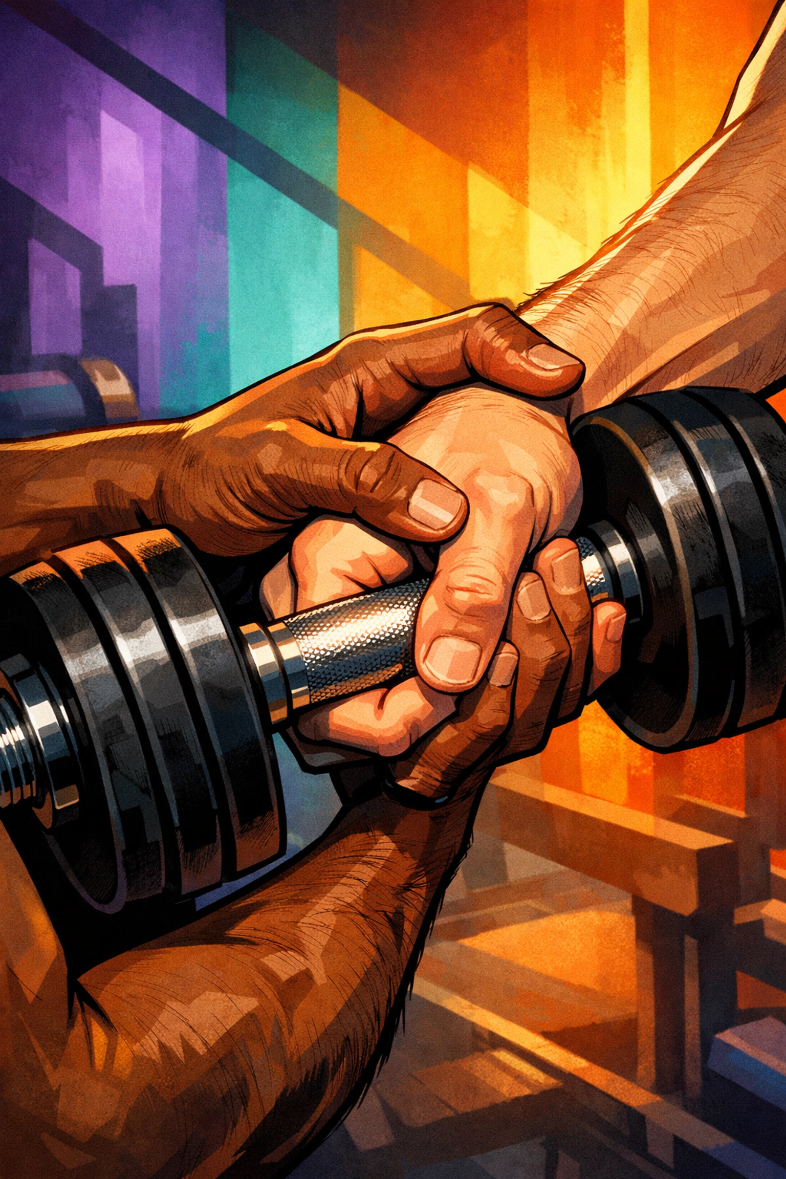 Two men's hands connecting during gym training session showing MM romance physical intimacy