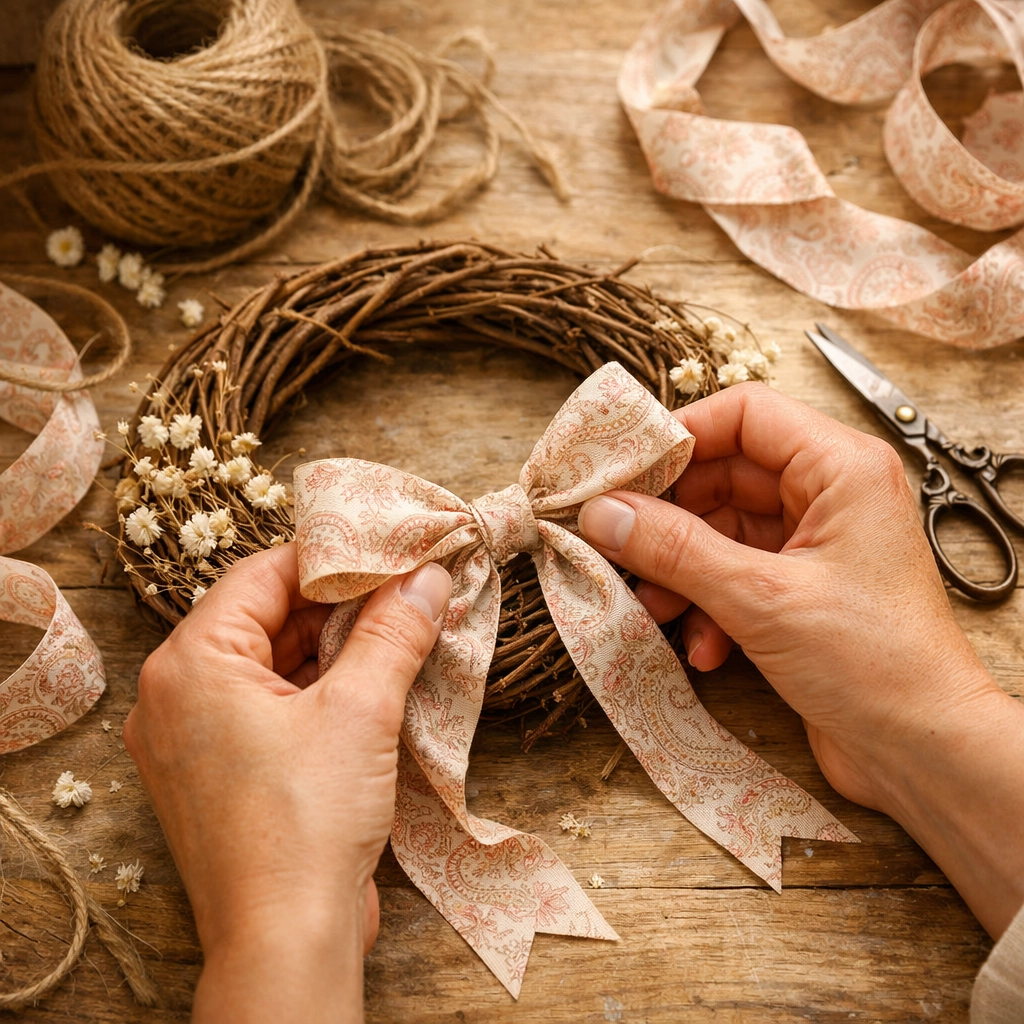 Artisan hands crafting a DIY grapevine wreath with soft paisley ribbons and craft tools.