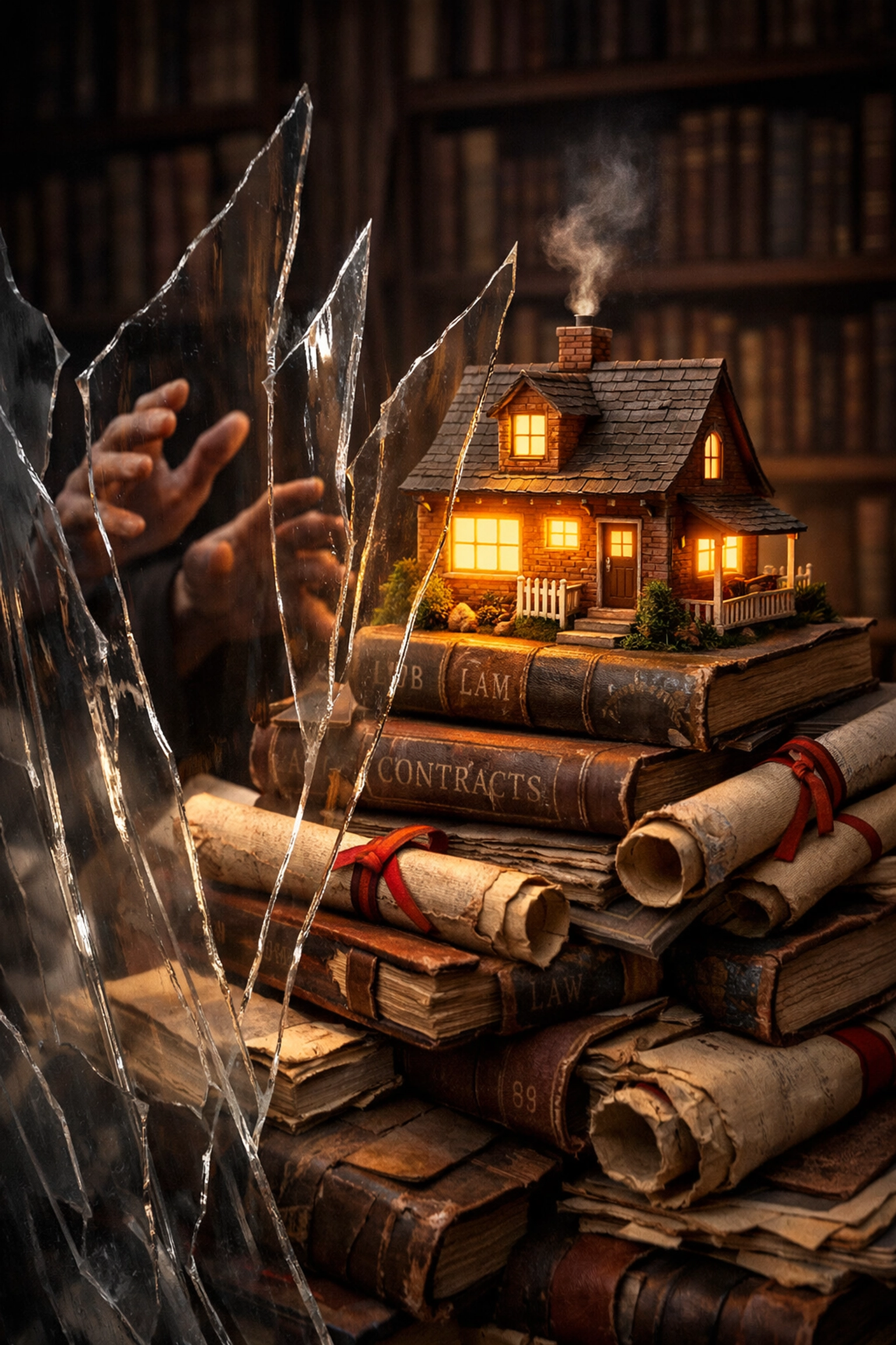 A glowing home model secured against a pile of complex legal estate planning documents.