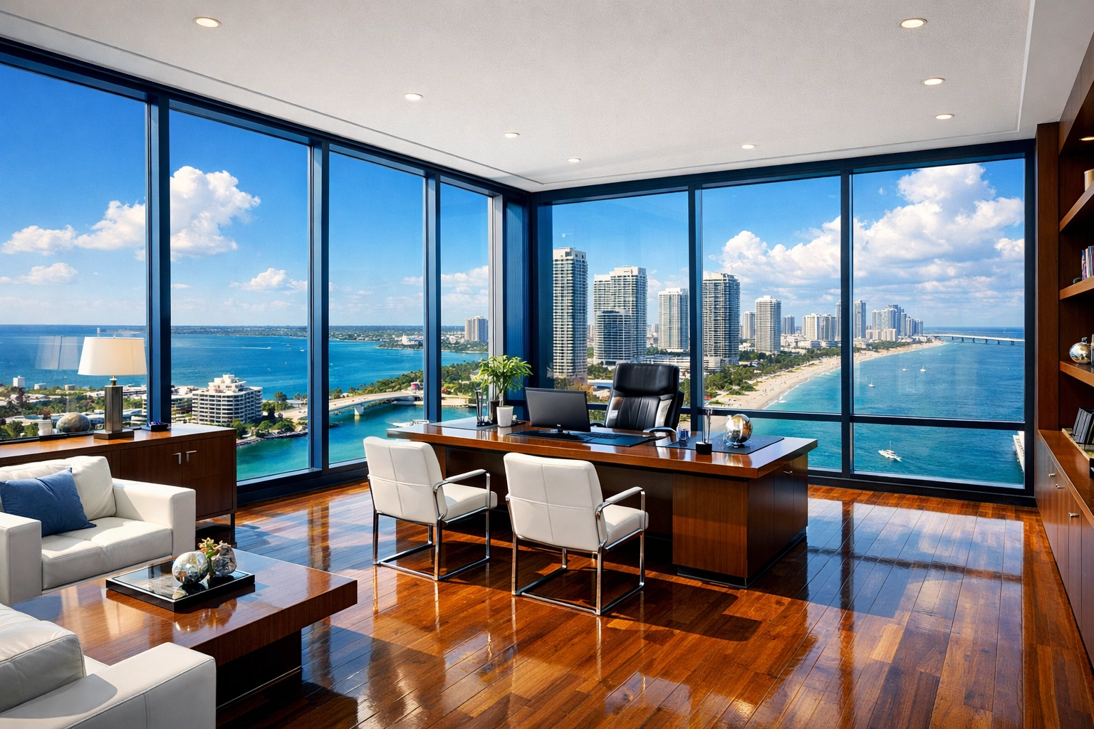 Spotless modern office in Clearwater FL with polished floors, showing top-tier commercial cleaning results.