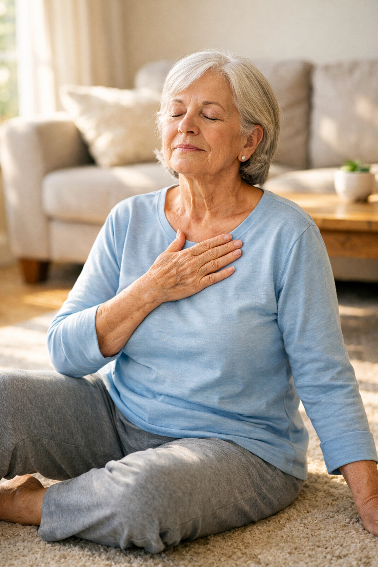 Senior woman sitting on floor taking deep breaths after a fall, demonstrating self-assessment technique