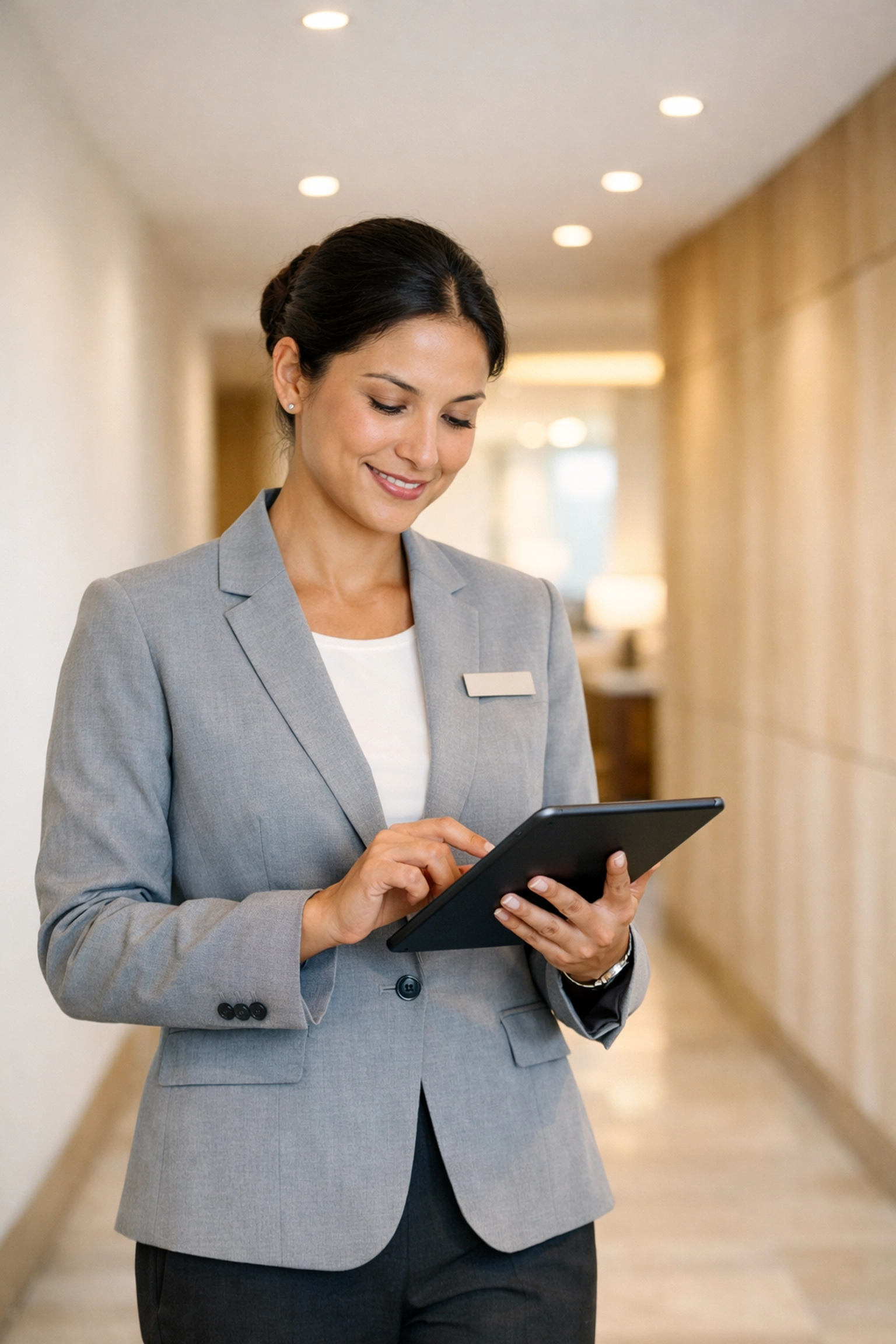 Hotel employee using a mobile property management system to improve operational efficiency and guest service.