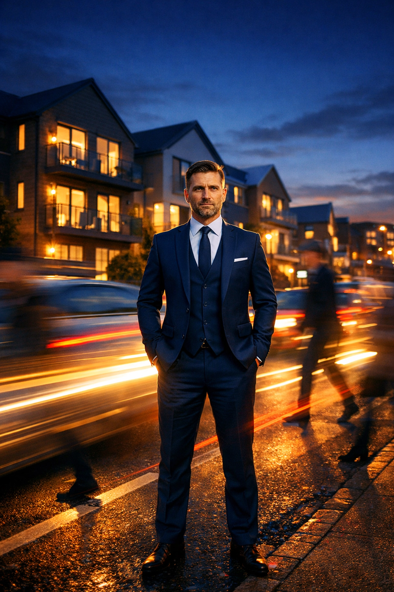 Property investor standing in front of a modern development, highlighting speed in the 2026 market.