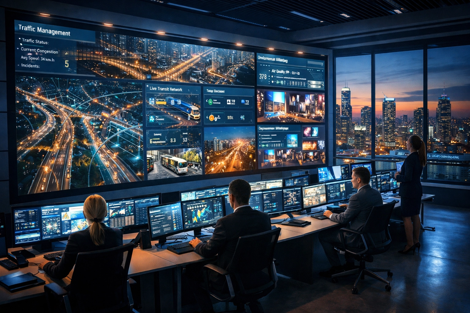 Smart city operations center displaying real-time data across integrated urban systems