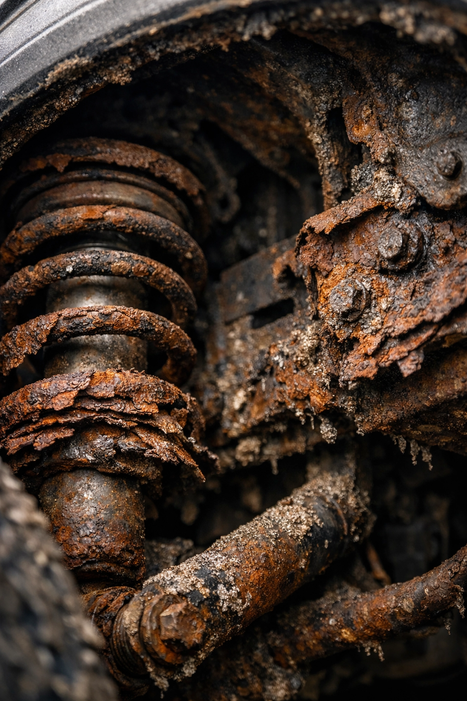 Close-up of flaky scale rust and heavy corrosion on a vehicle's wheel arch and suspension.