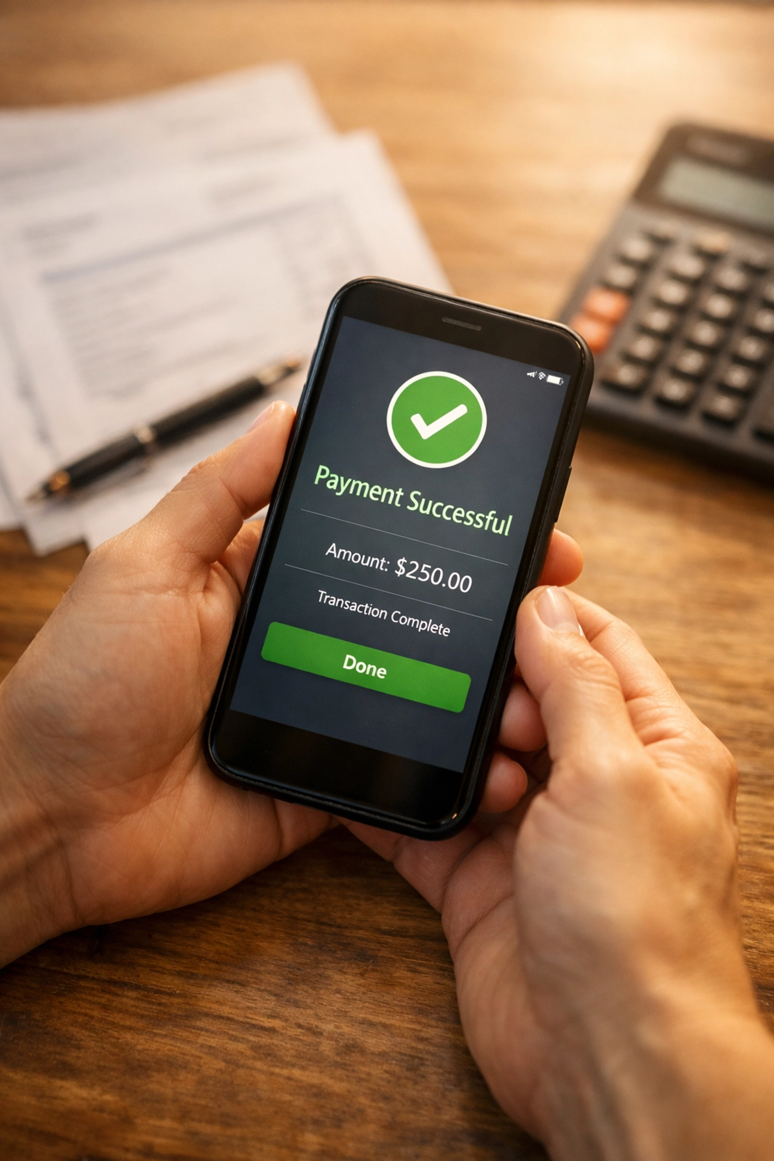 Making tax payment on smartphone through IRS online account with financial documents on desk