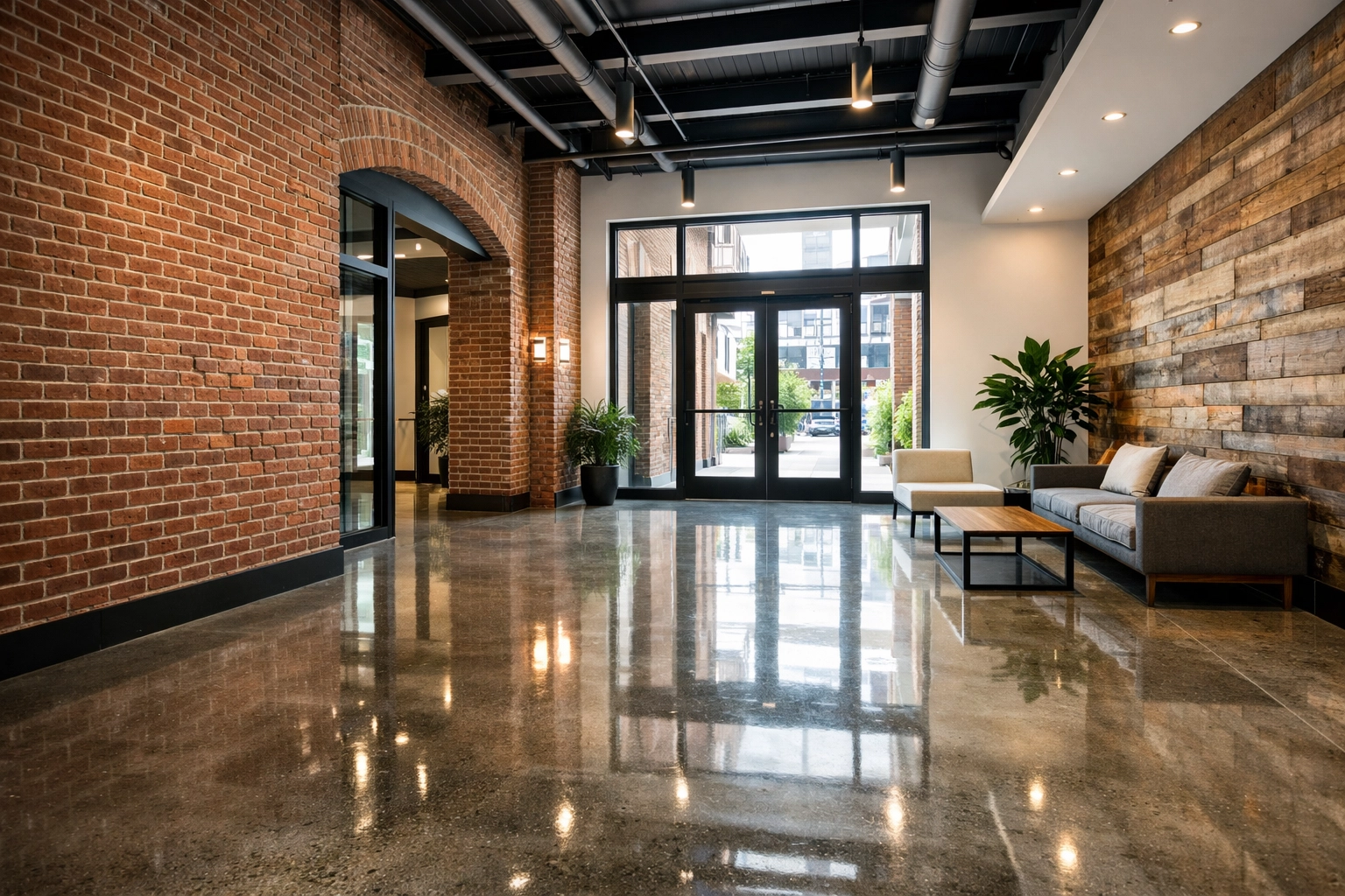 Polished concrete lobby floors in a renovated Worcester commercial building after professional final cleaning.