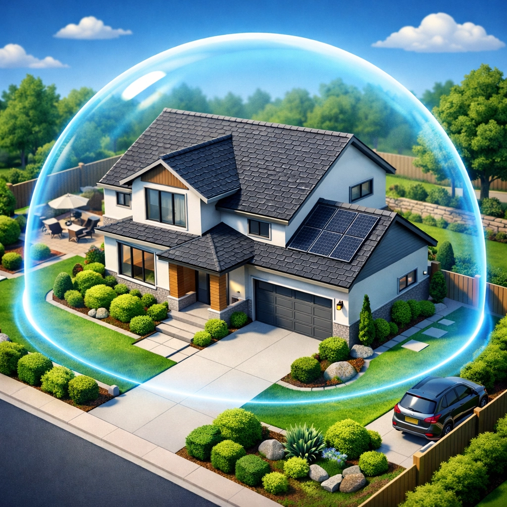 A protected home illustrating 2026 insurance risk mitigation and fire-resistant landscaping for lower rates.