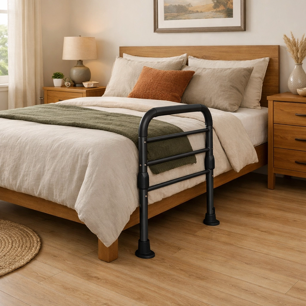 Modern bedroom with a high-quality bed assist rail providing safe support for seniors at home.