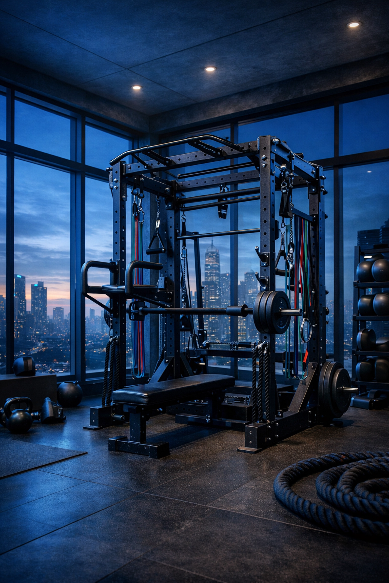A versatile home gym setup featuring the Resistance Rail for professional bodyweight training.