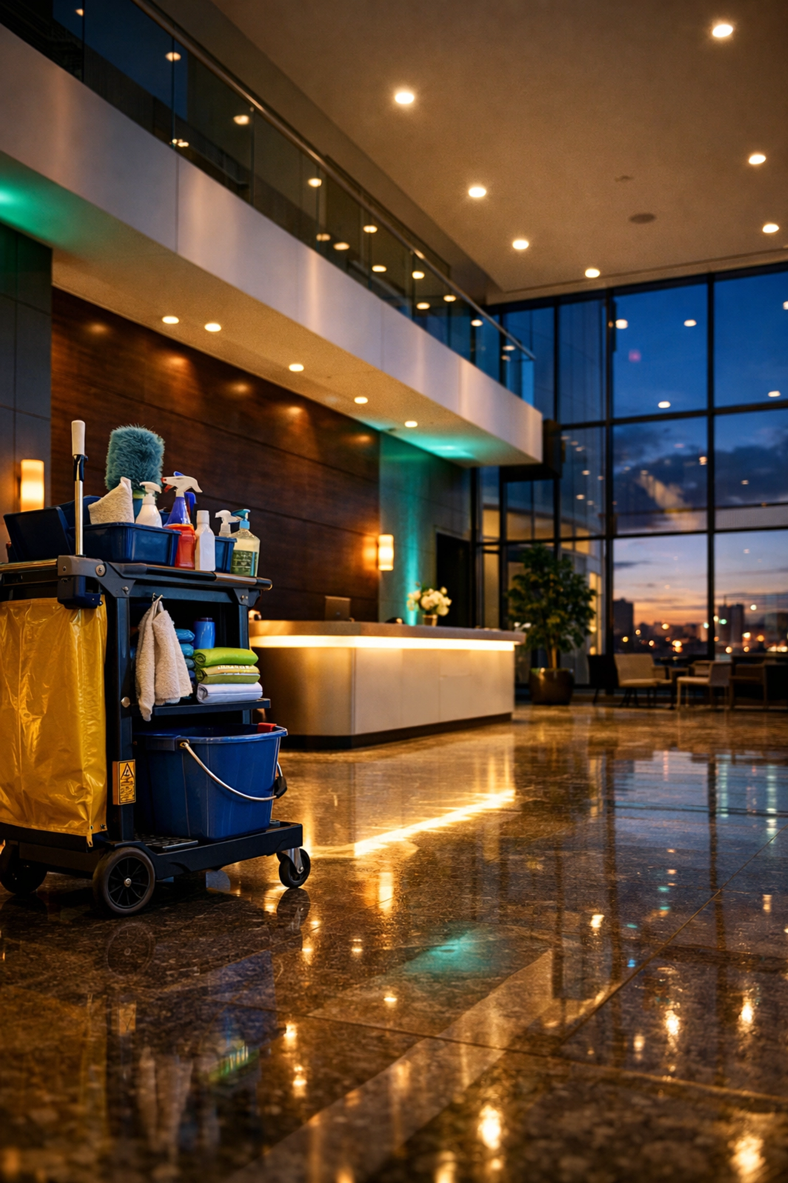 Modern commercial office lobby prepared for professional cleaning quality control