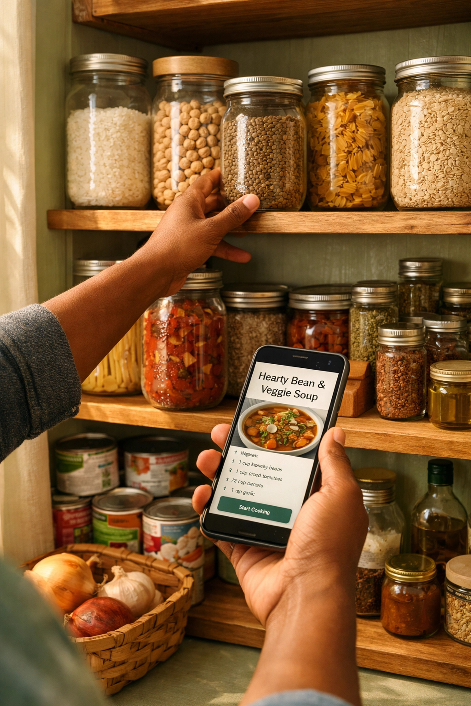 Organized pantry with jars and canned goods for pantry challenge to save money on groceries
