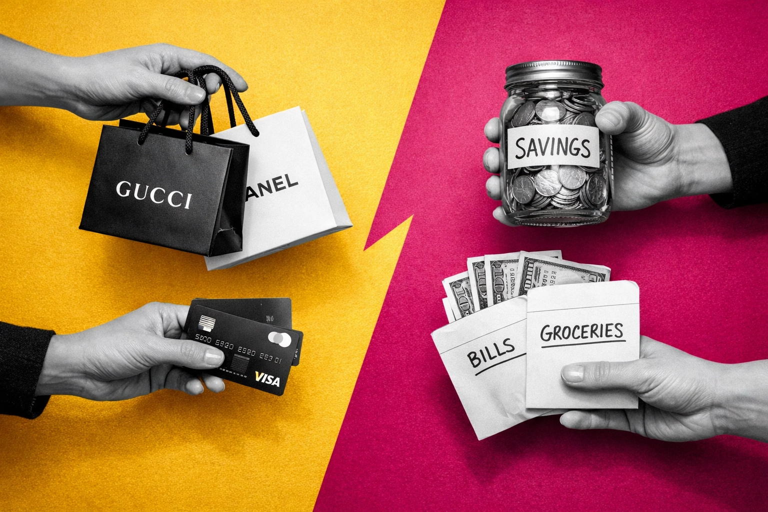 Contrasting spending habits shown through shopping bags and savings jar representing money differences