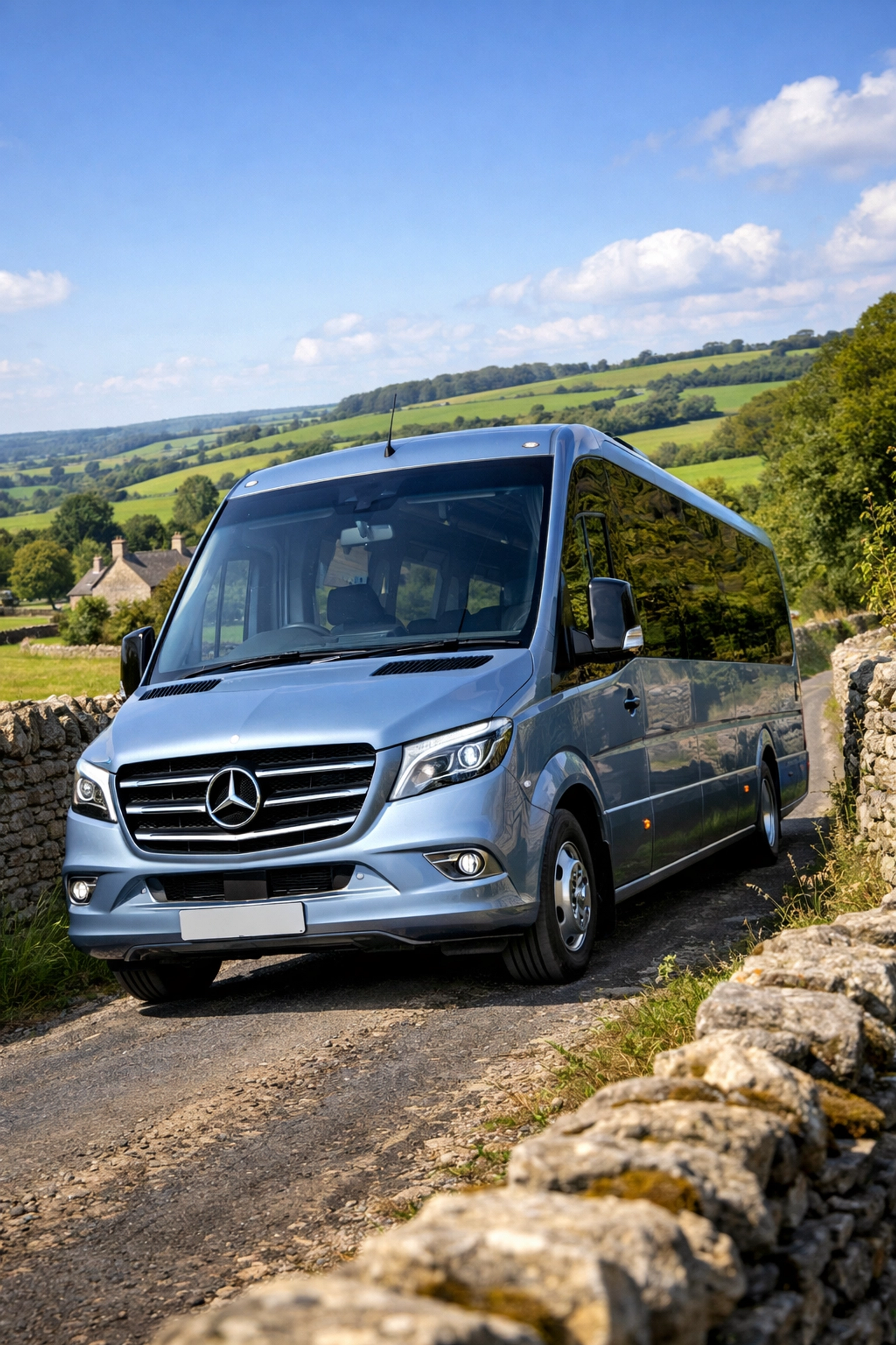 A silver blue Mercedes tour minibus navigating a narrow country lane in the Windrush Valley.