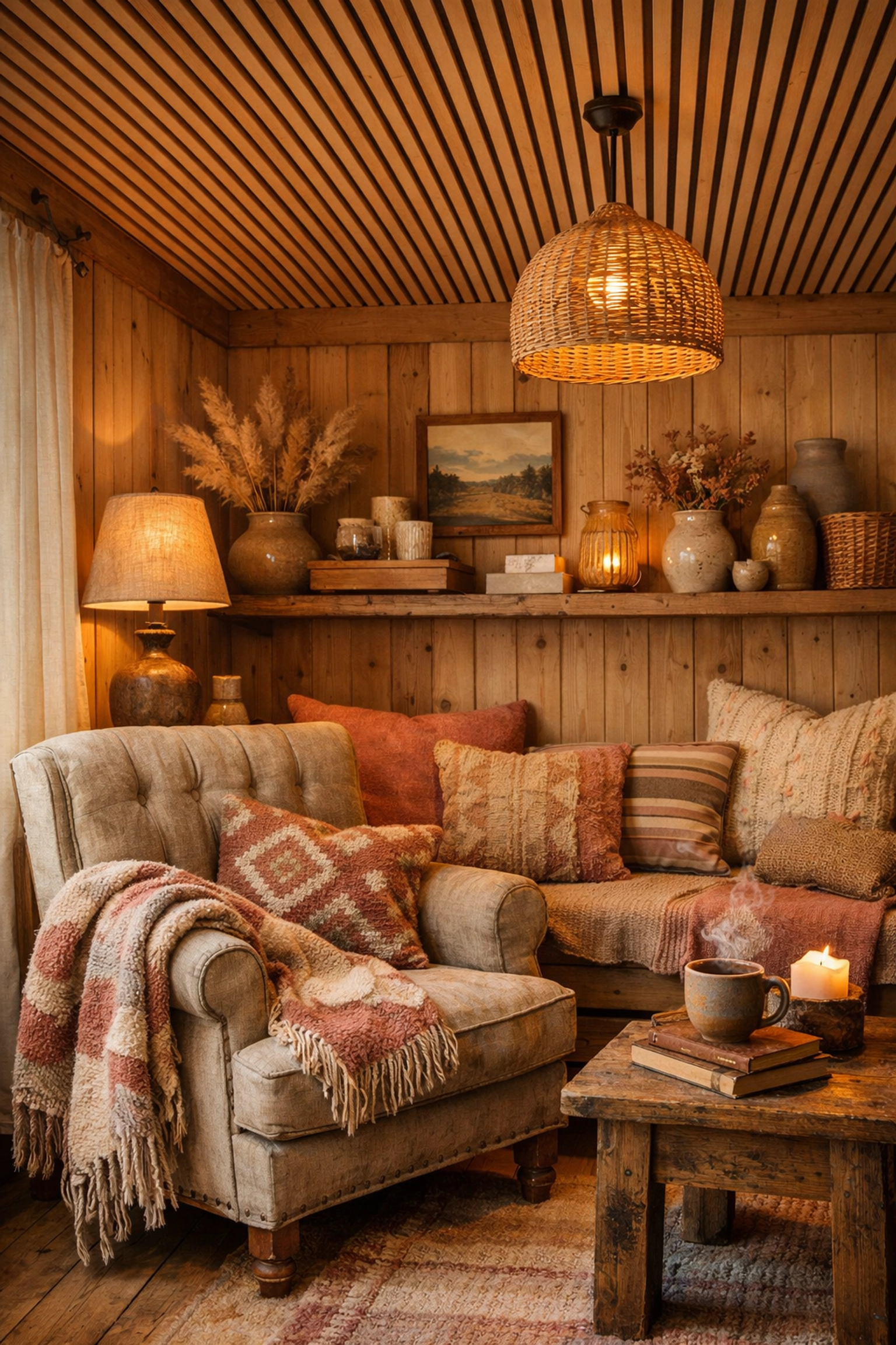 A warm living room nook featuring a wood slat striped ceiling and cozy handcrafted artisan home decor.