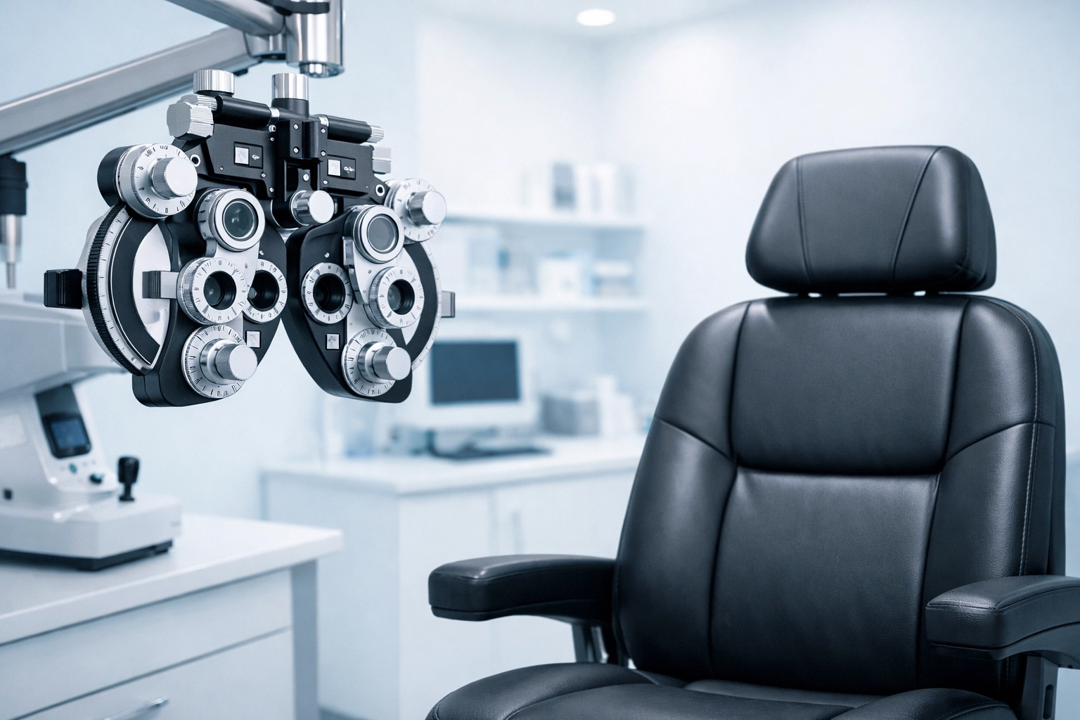 Modern optometry exam room showing a phoropter, emphasizing professional revenue cycle management for eye care clinics.