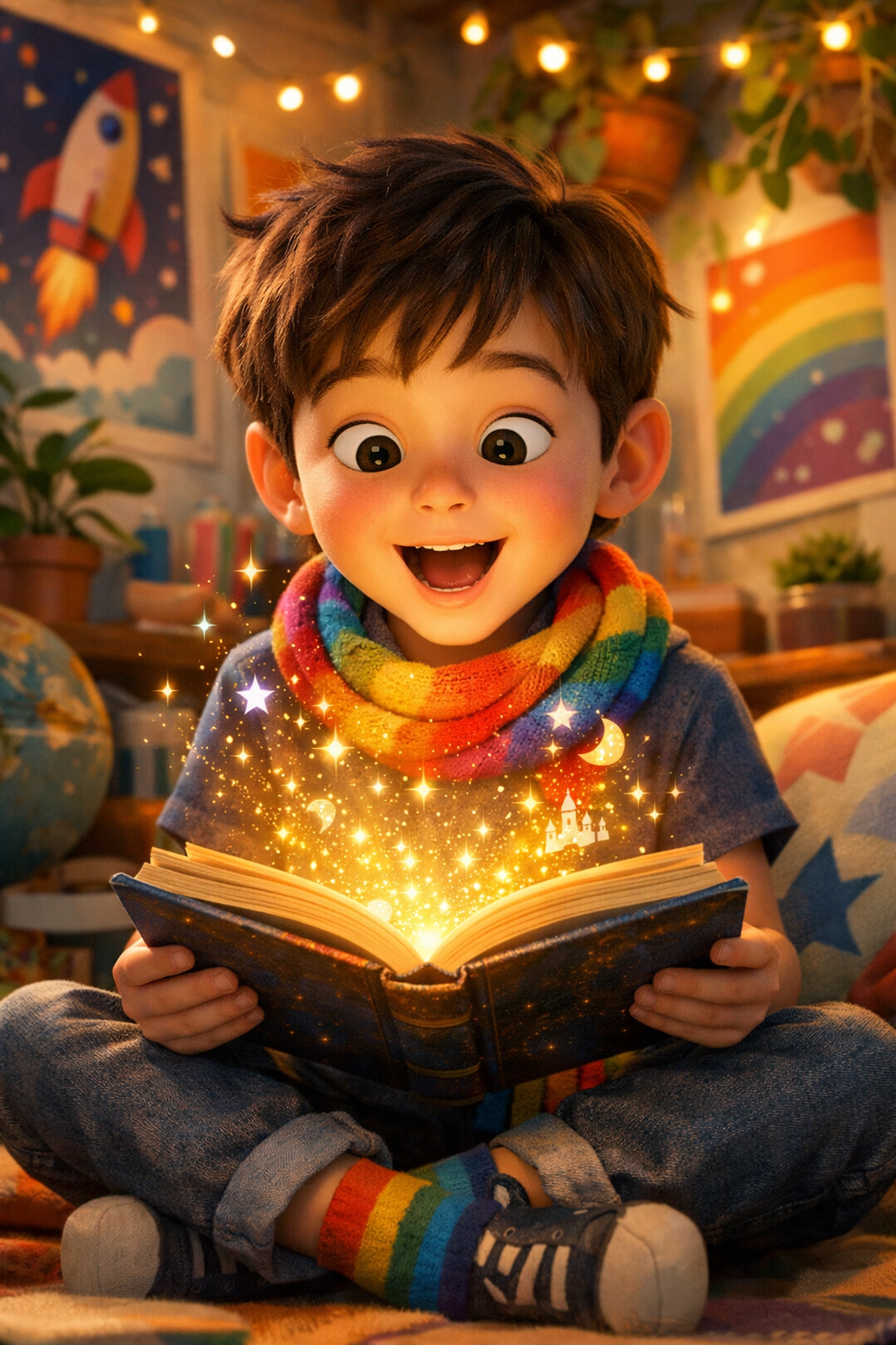 A young boy with a rainbow scarf reads a glowing magical book from an LGBTQ+ middle-grade collection.