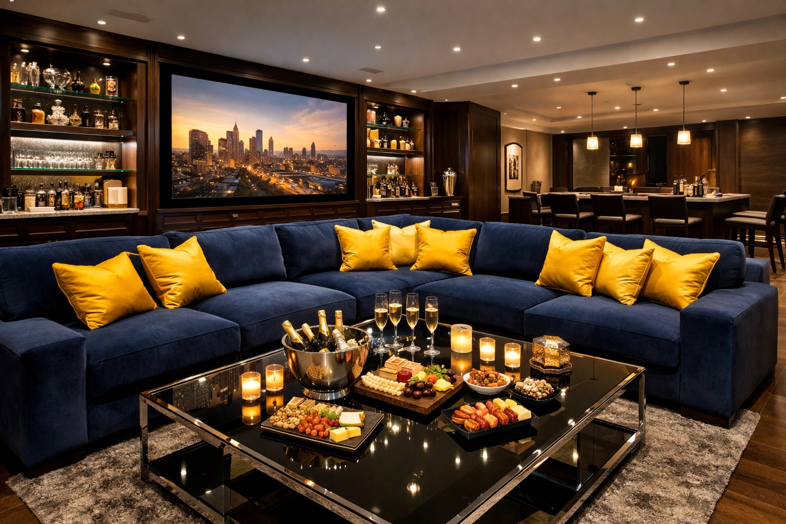 Pristine Foxborough media room with polished surfaces, ready for guests after a luxury house cleaning session.