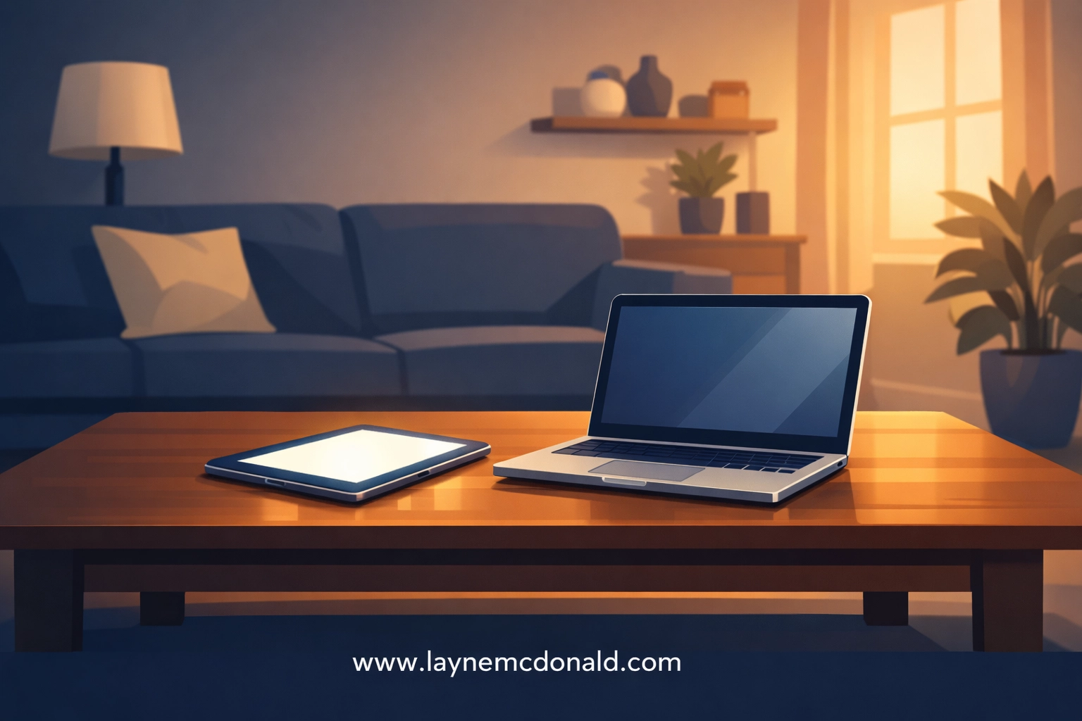 Minimalist living room with open devices representing transparency and digital safety for Christian parents.