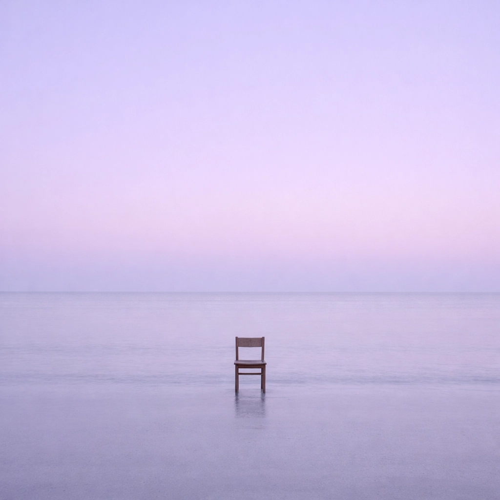 A single wooden chair facing a calm ocean at dawn, symbolizing an exit from hustle culture.