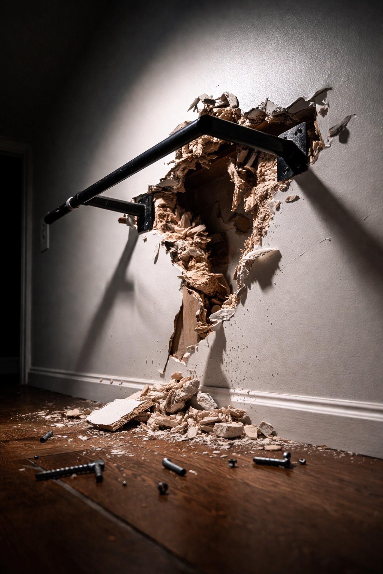 Damaged drywall with a broken pull up bar ripped from the wall, warning against poor installation methods