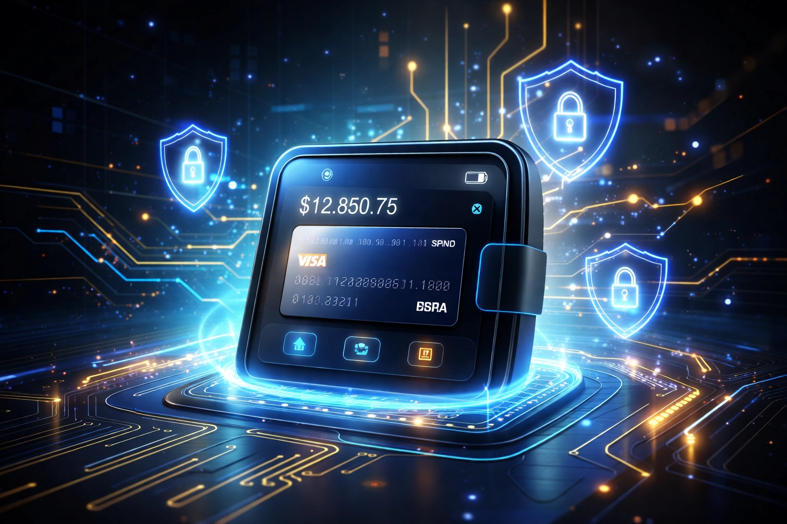 Digital wallet surrounded by security icons, highlighting secure self-custody crypto payment setup for merchants