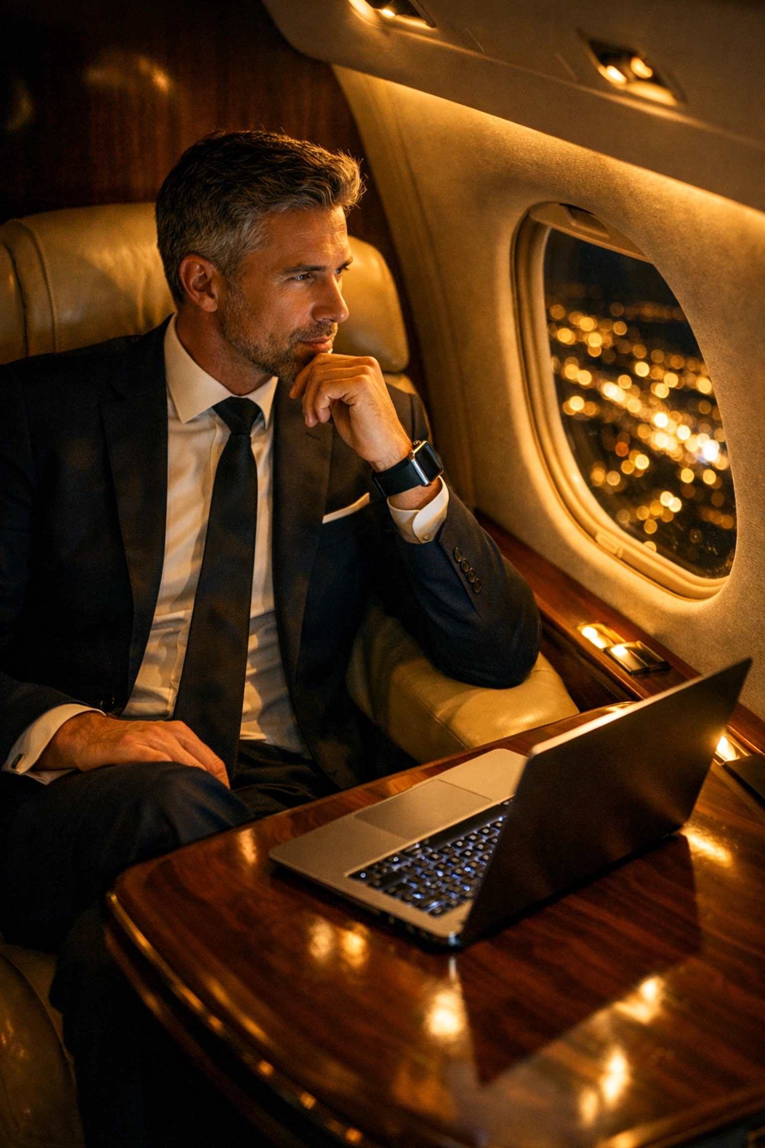 Executive energy management on a private jet using wearable technology for performance.