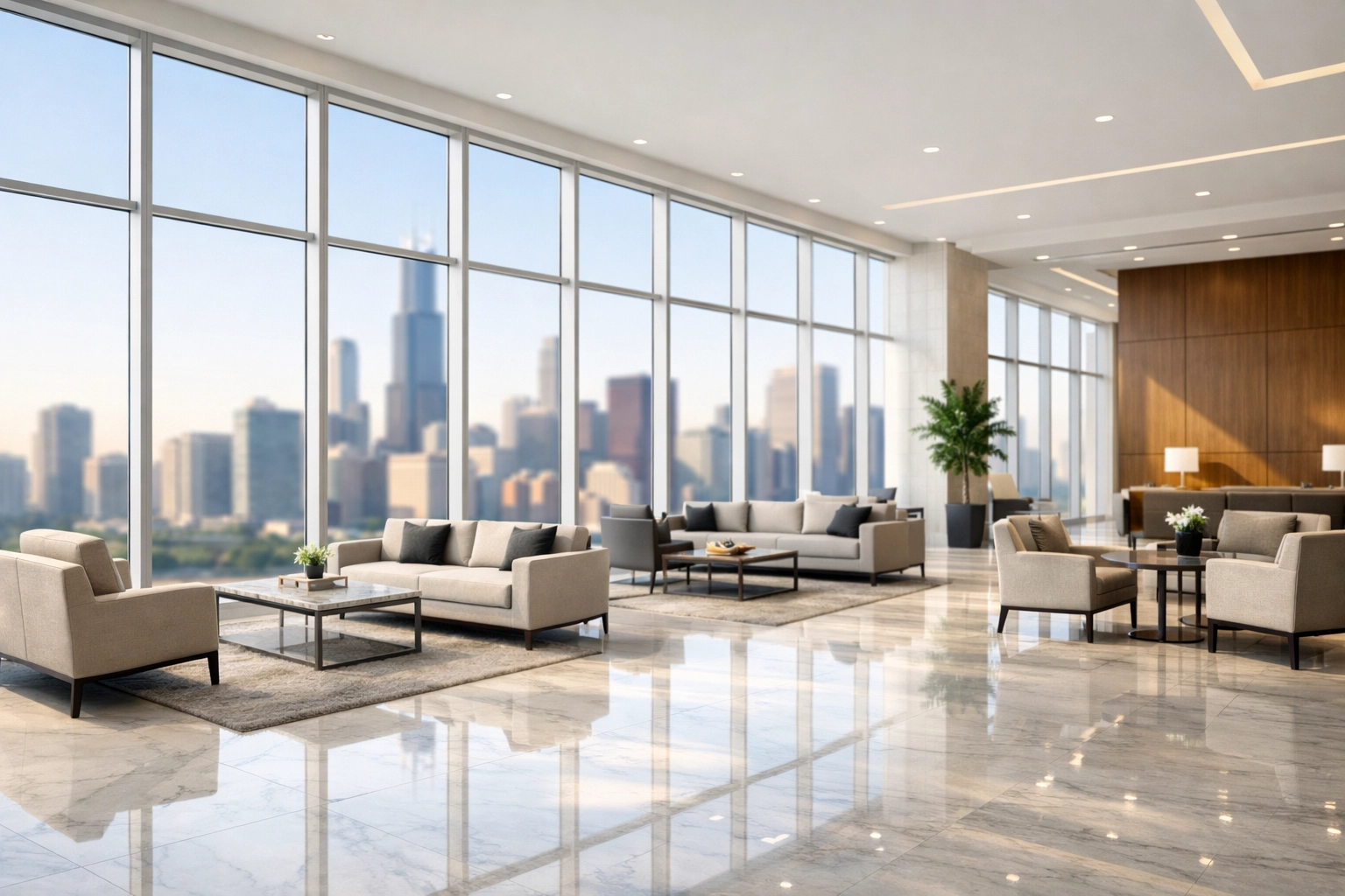 Clean modern apartment lobby in a Chicago high-rise managed by professional cleaning services.