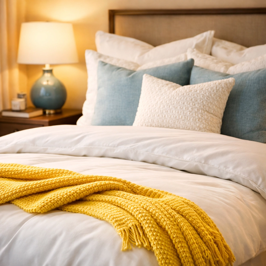 Detailed view of a master bedroom with professional bed-making service in a Marstons Mills home.