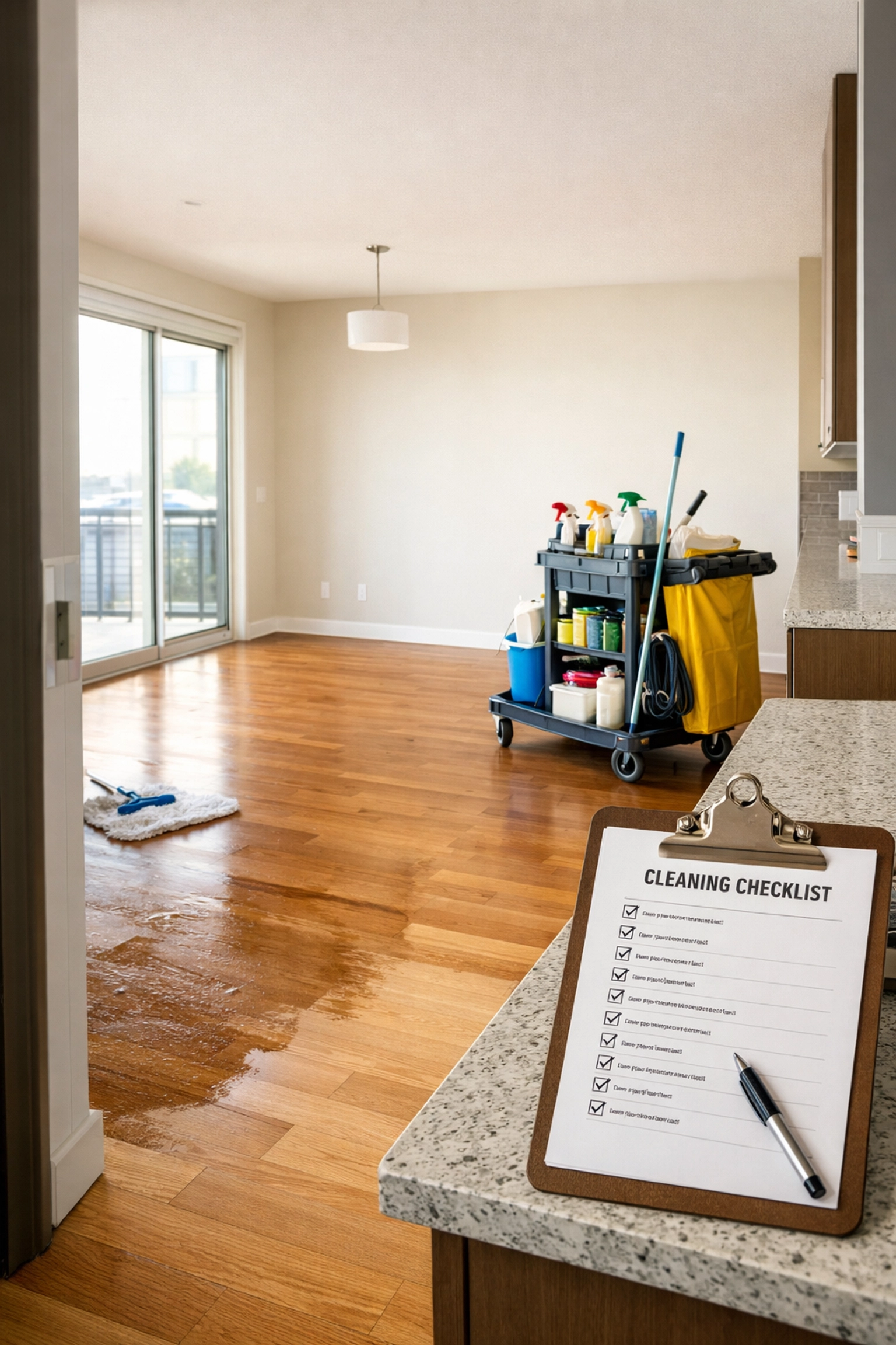 Professional turnover cleaning in progress with organized supplies and checklist in empty apartment