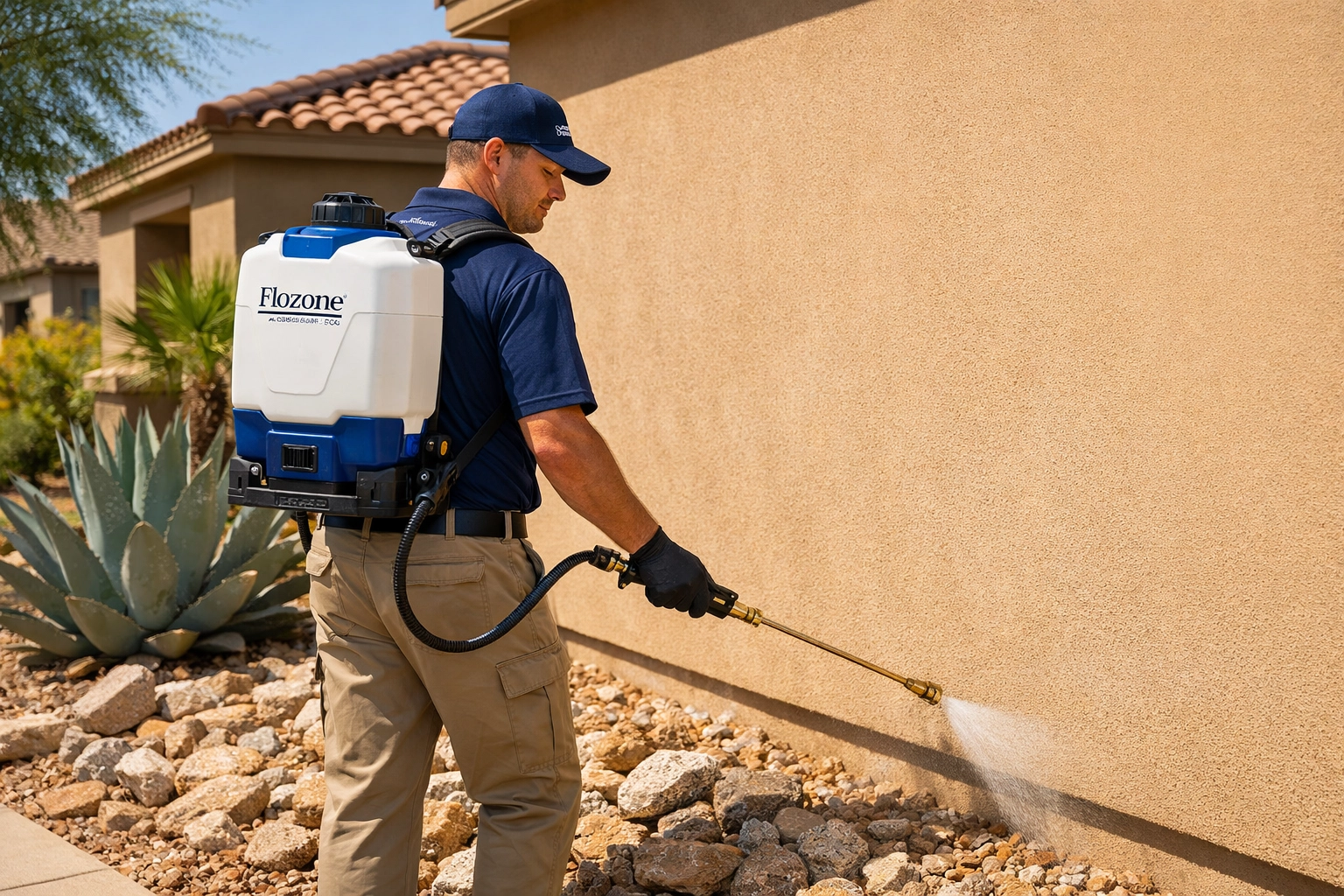 Bucksworth Home Services technician applying perimeter pest control treatment to a luxury home in Peoria, AZ.