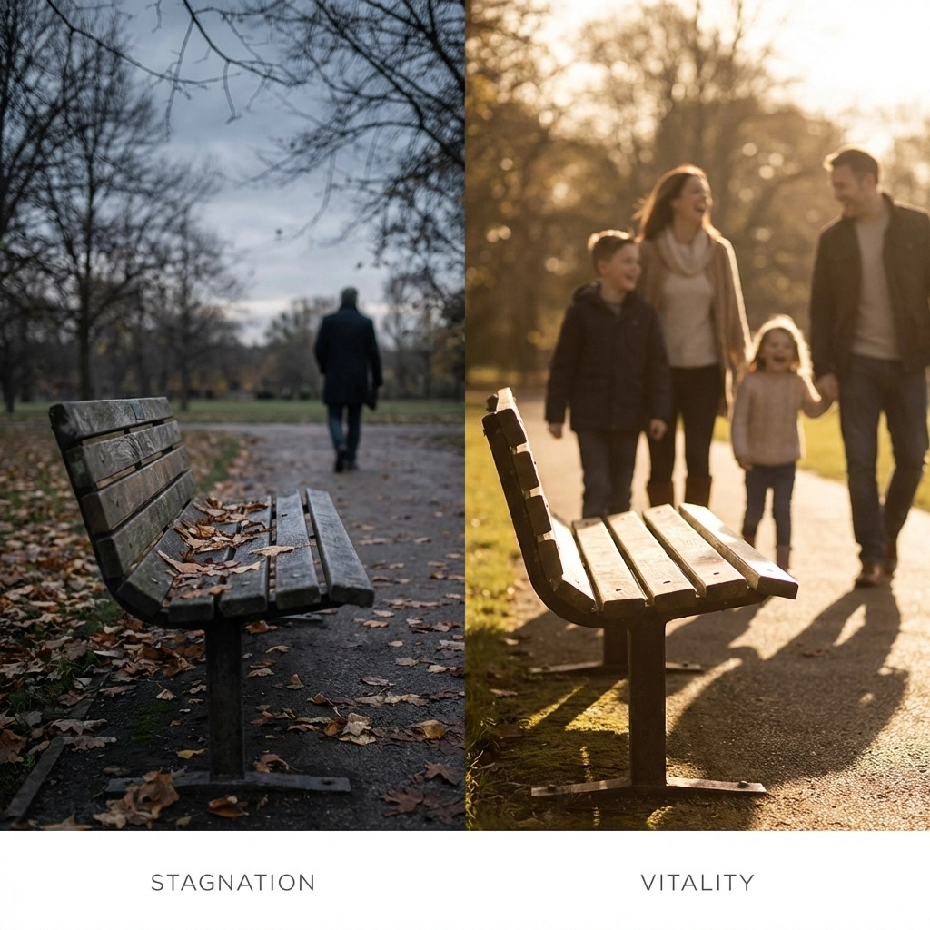 Split image of empty and lively park benches, showing the contrast between pain and a life regained