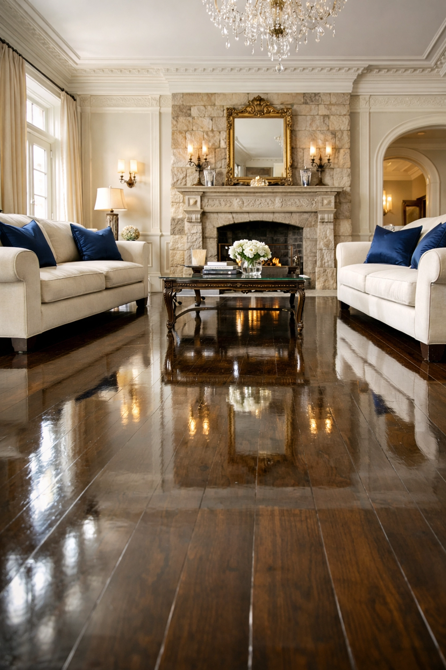 Immaculate living room in a Massachusetts estate showcasing professional residential cleaning Massachusetts.