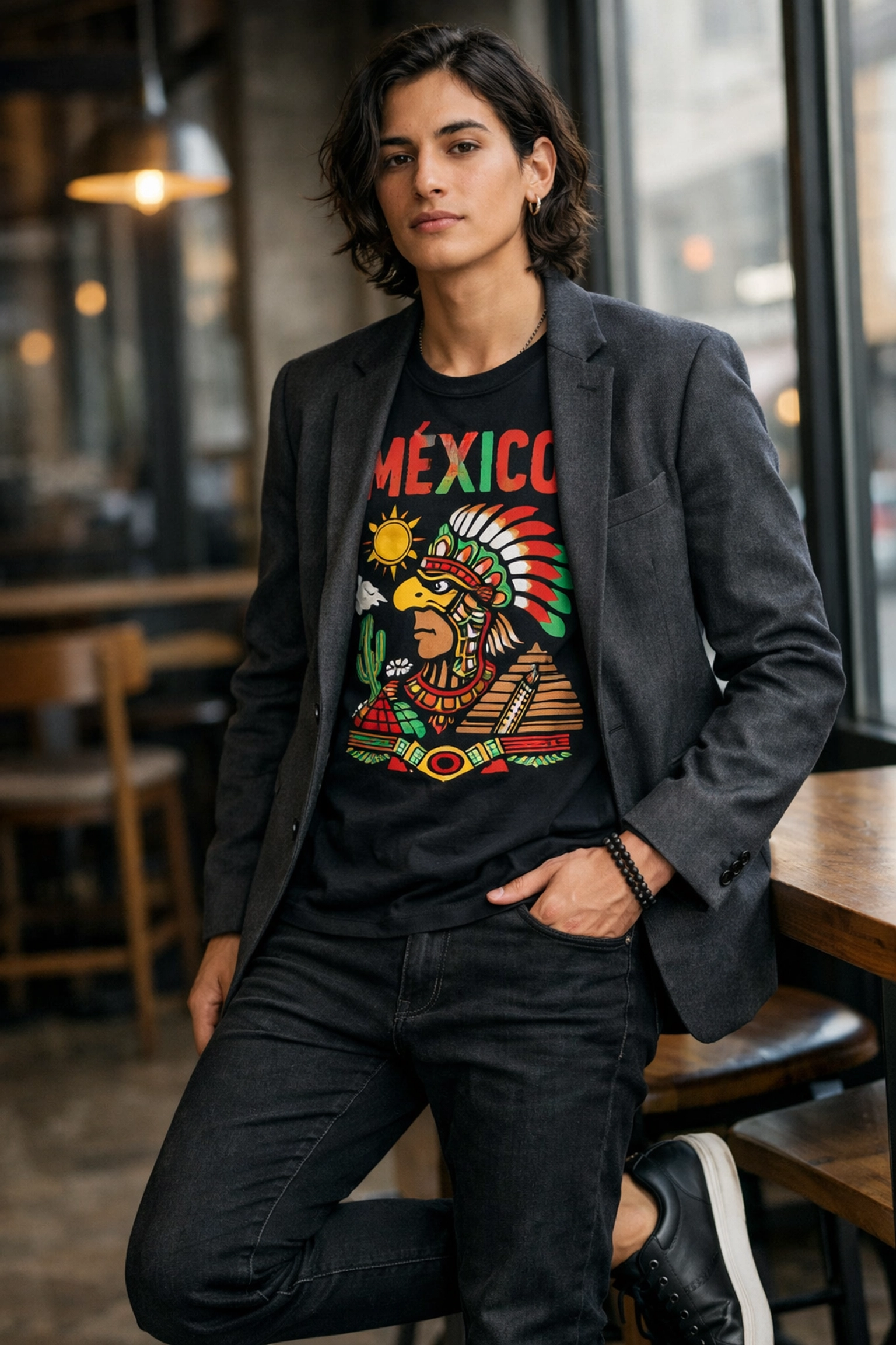 Stylish Mexican heritage t-shirt styled under blazer for elevated streetwear look