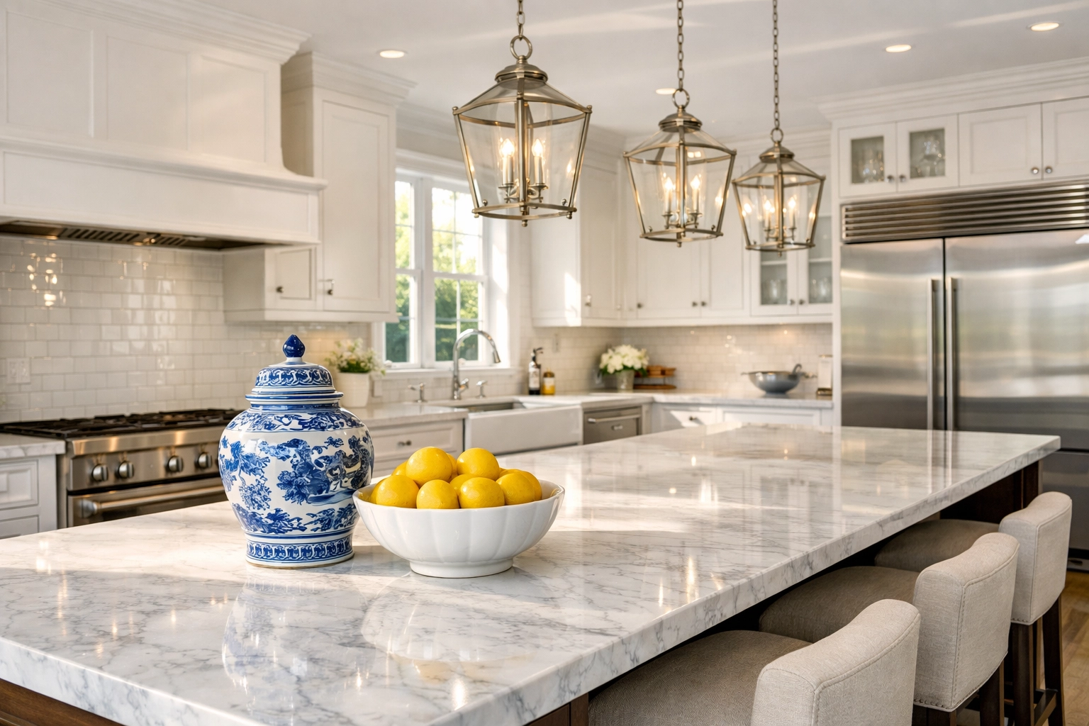 Pristine luxury kitchen with marble countertops, an example of high-end residential cleaning in Needham.
