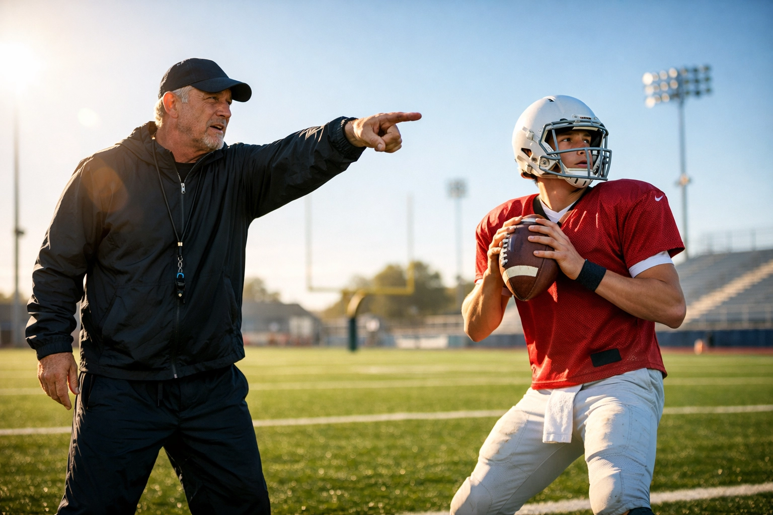 Coach Ron Raymond training a youth quarterback on a turf field at Capital QBs in Ottawa.