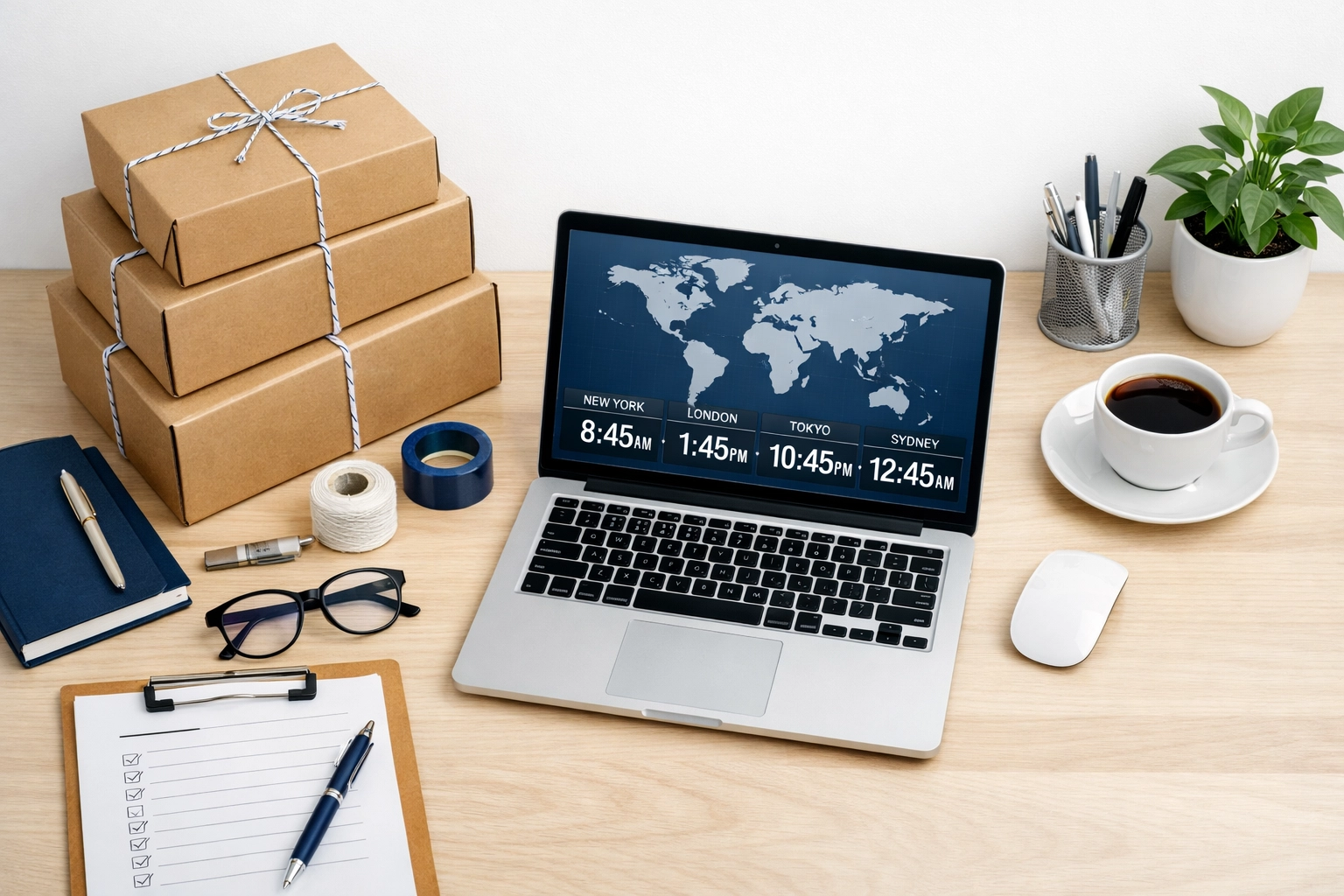 Modern workspace with shipping boxes and world clocks showing international business readiness.