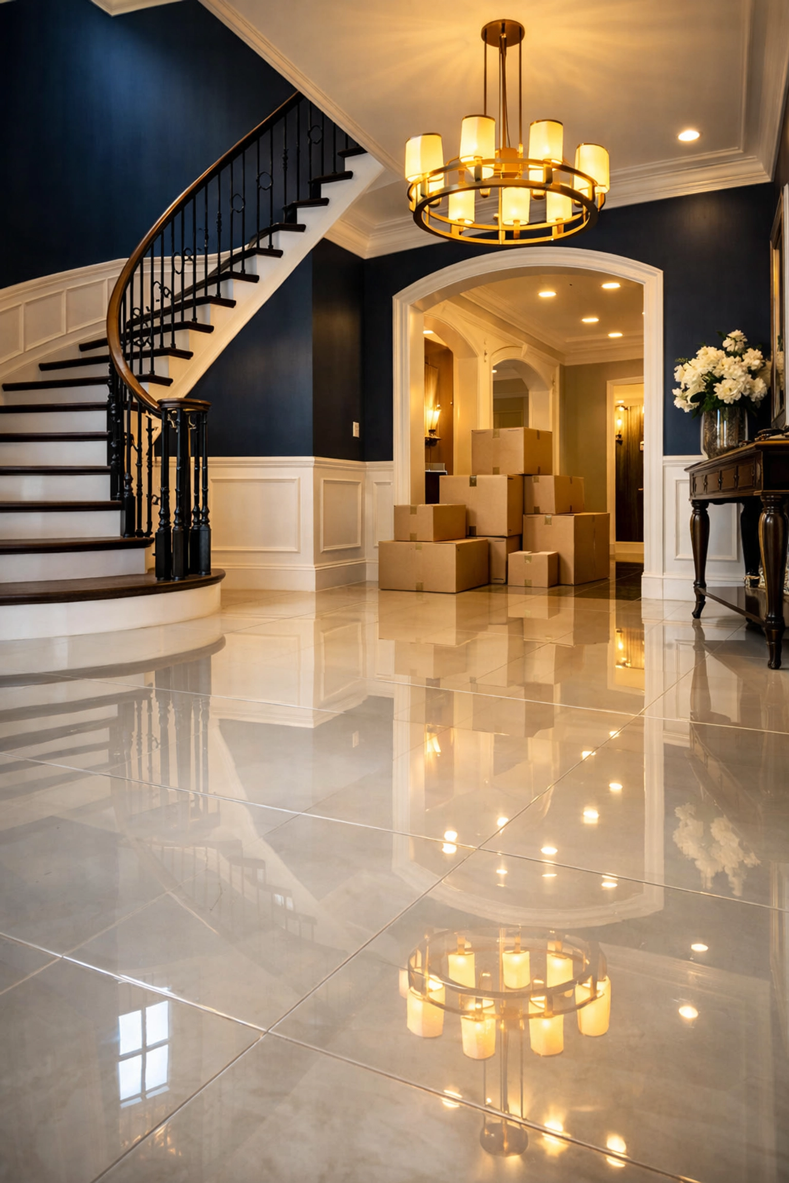 Pristine home foyer with gleaming tile floors following a move-in deep cleaning in Southborough.