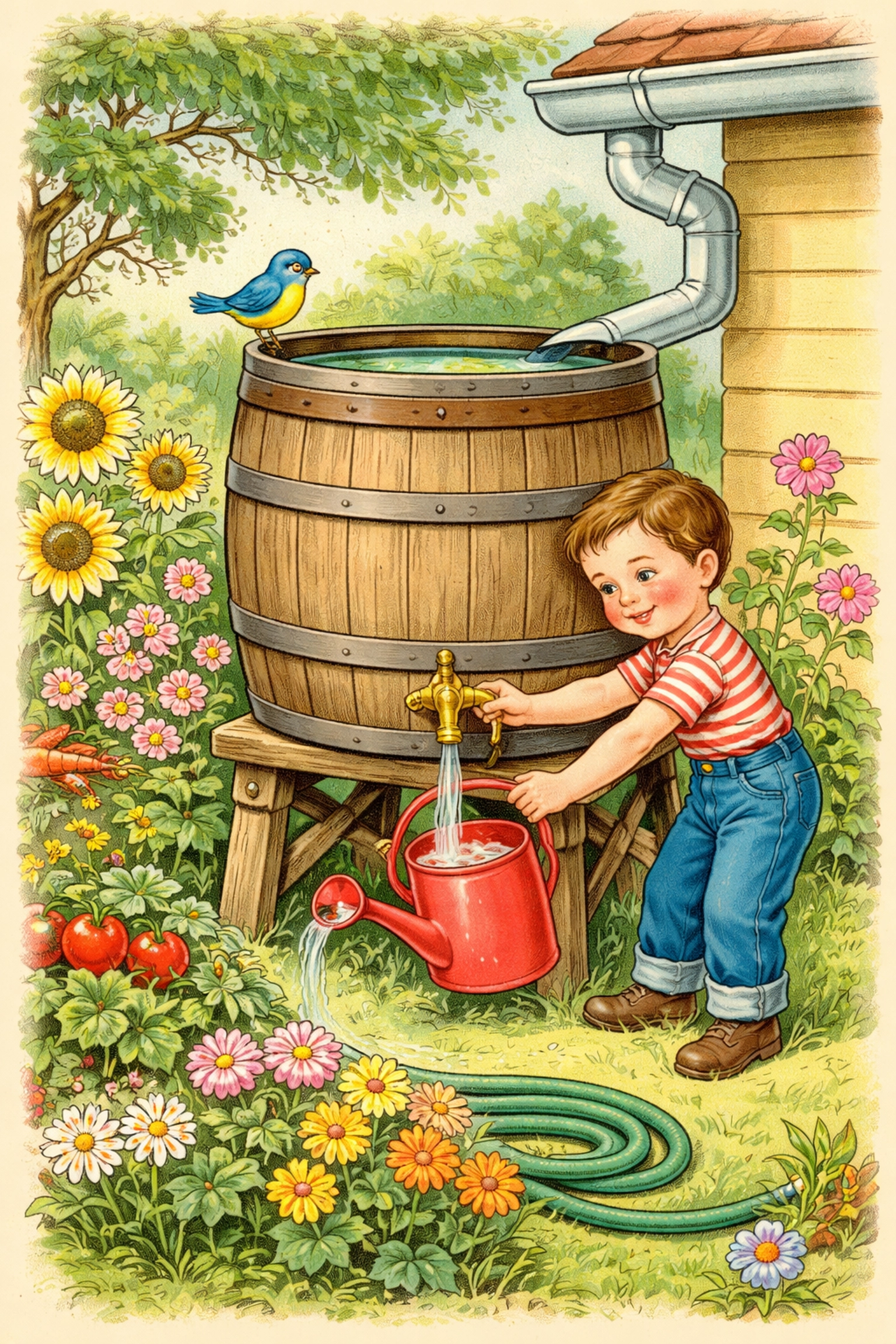 Boy uses finished rain barrel to fill watering can in garden with flowers and vegetables