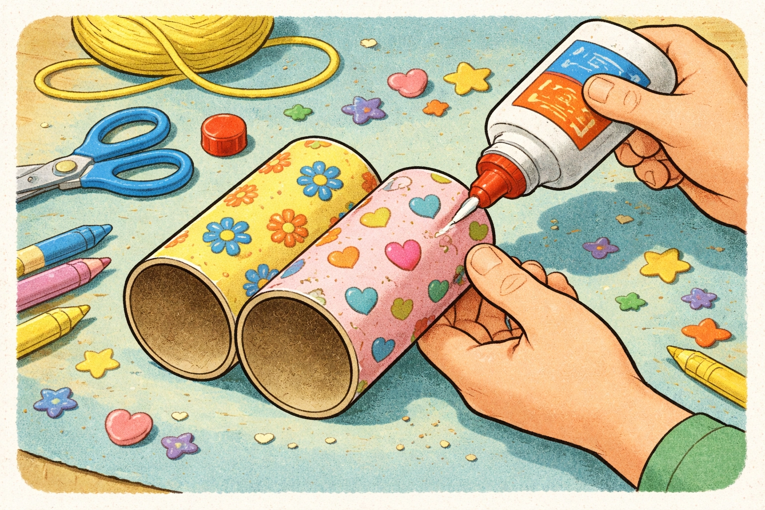 Two decorated toilet paper rolls being glued together to form binoculars for a fun and easy recycled kids craft