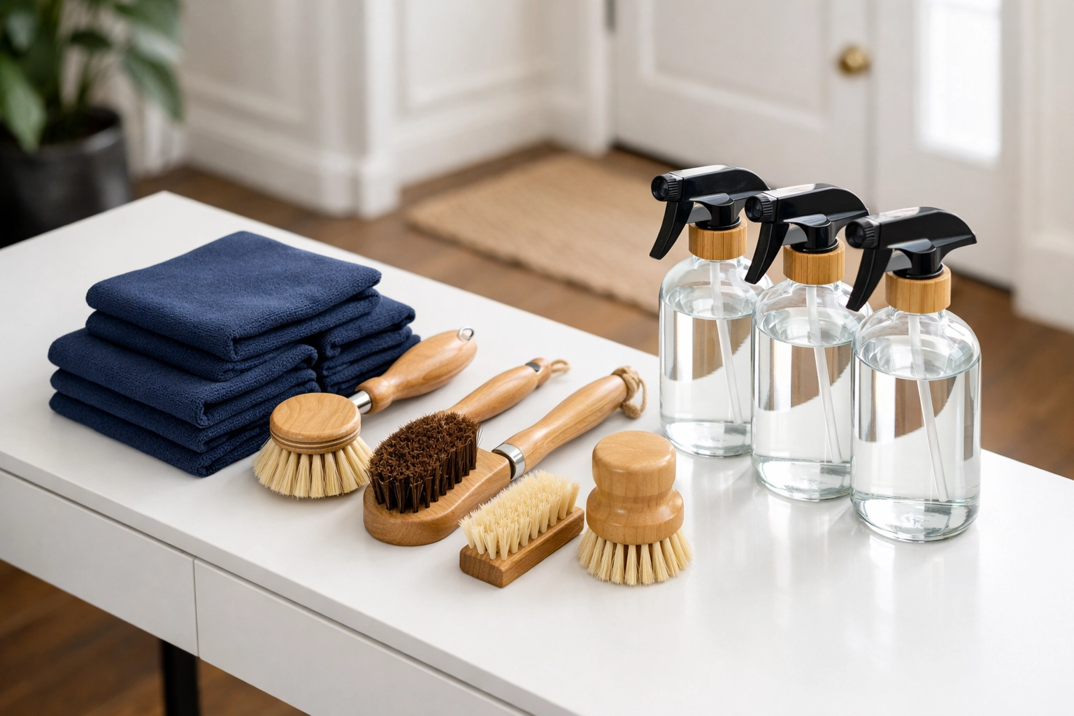 Organized professional cleaning supplies used for elite residential upkeep in Medfield, MA.