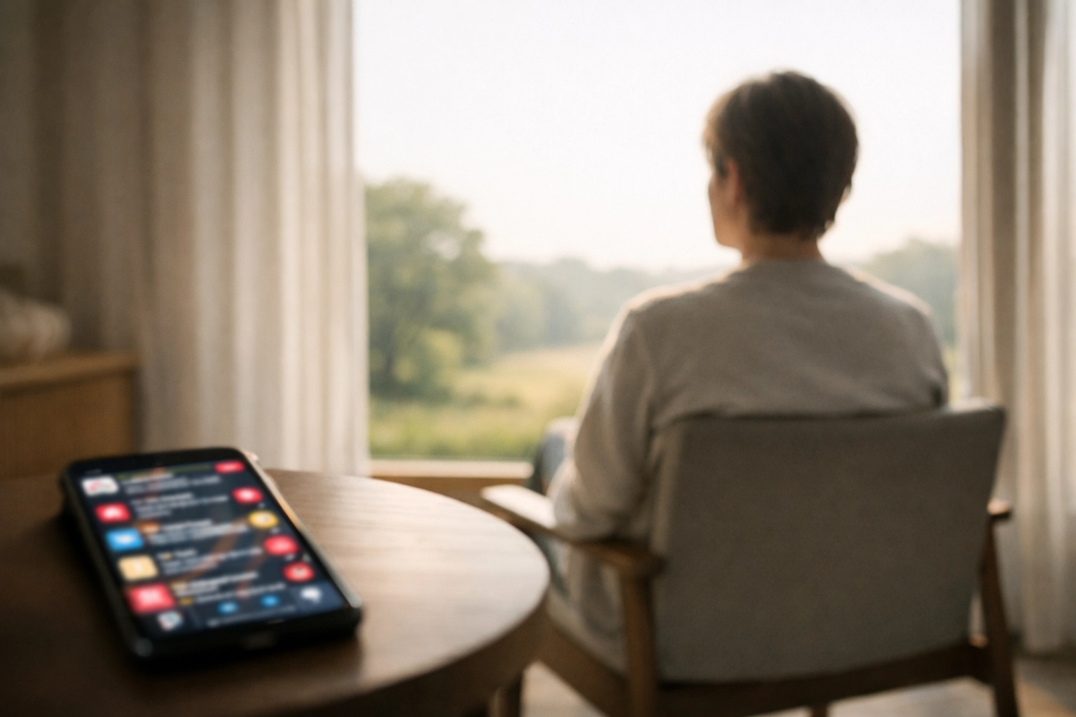 A person looking at a peaceful landscape away from a smartphone, choosing spiritual peace over news media noise.