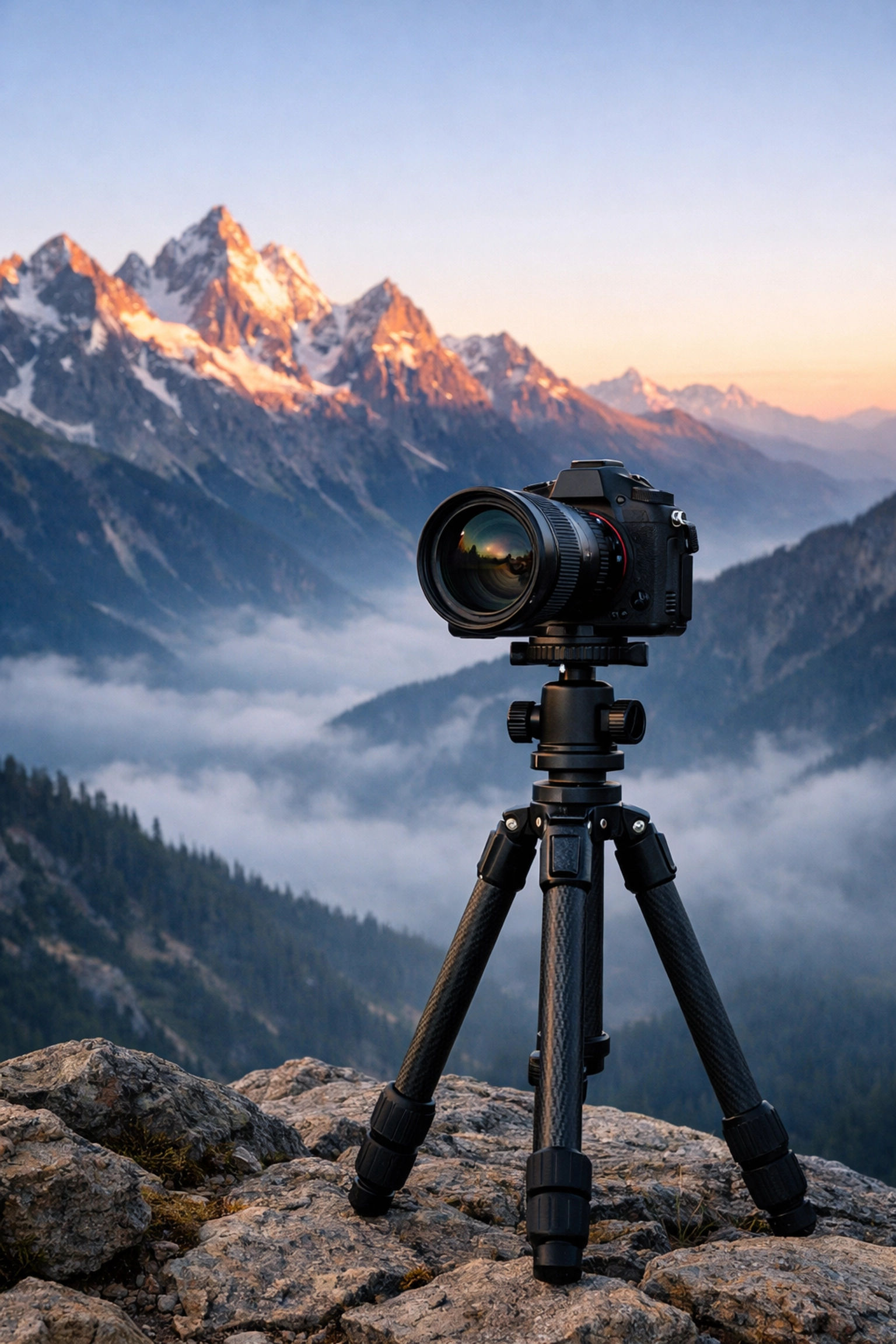 A full-frame mirrorless camera on a tripod capturing a mountain sunrise for high-end landscape photography.