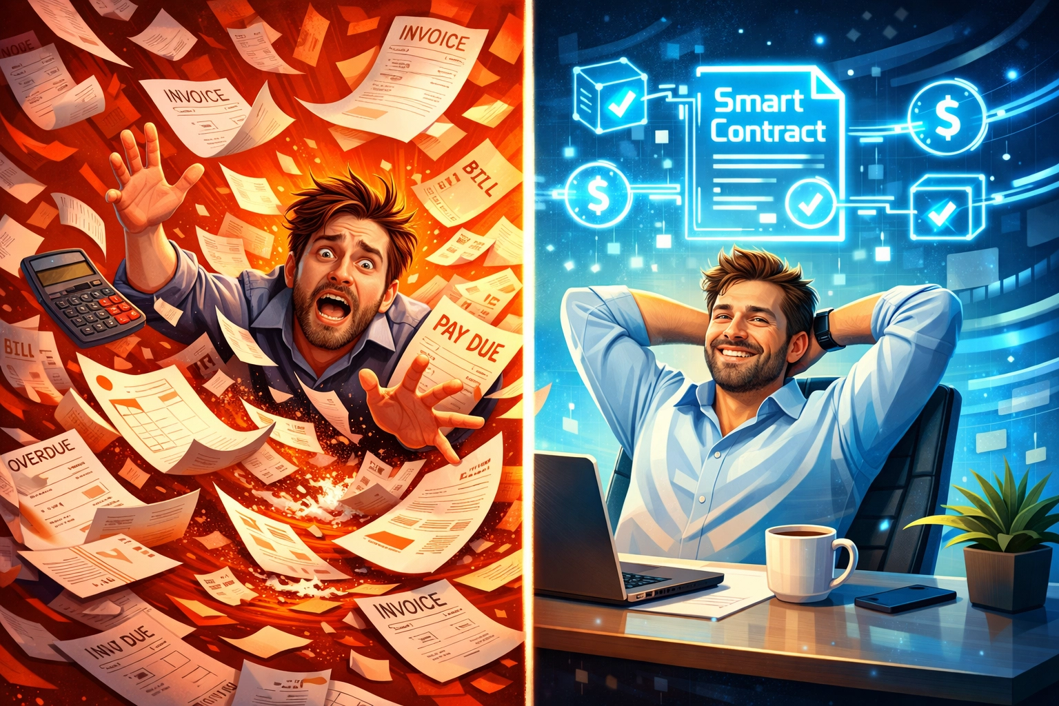 Manual payment processing chaos contrasted with automated smart contract crypto payment system