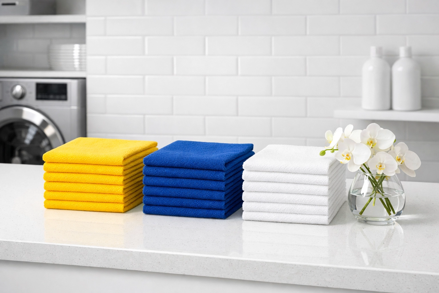Color-coded microfiber cloths organized for a sanitary and professional Westford house cleaning service.